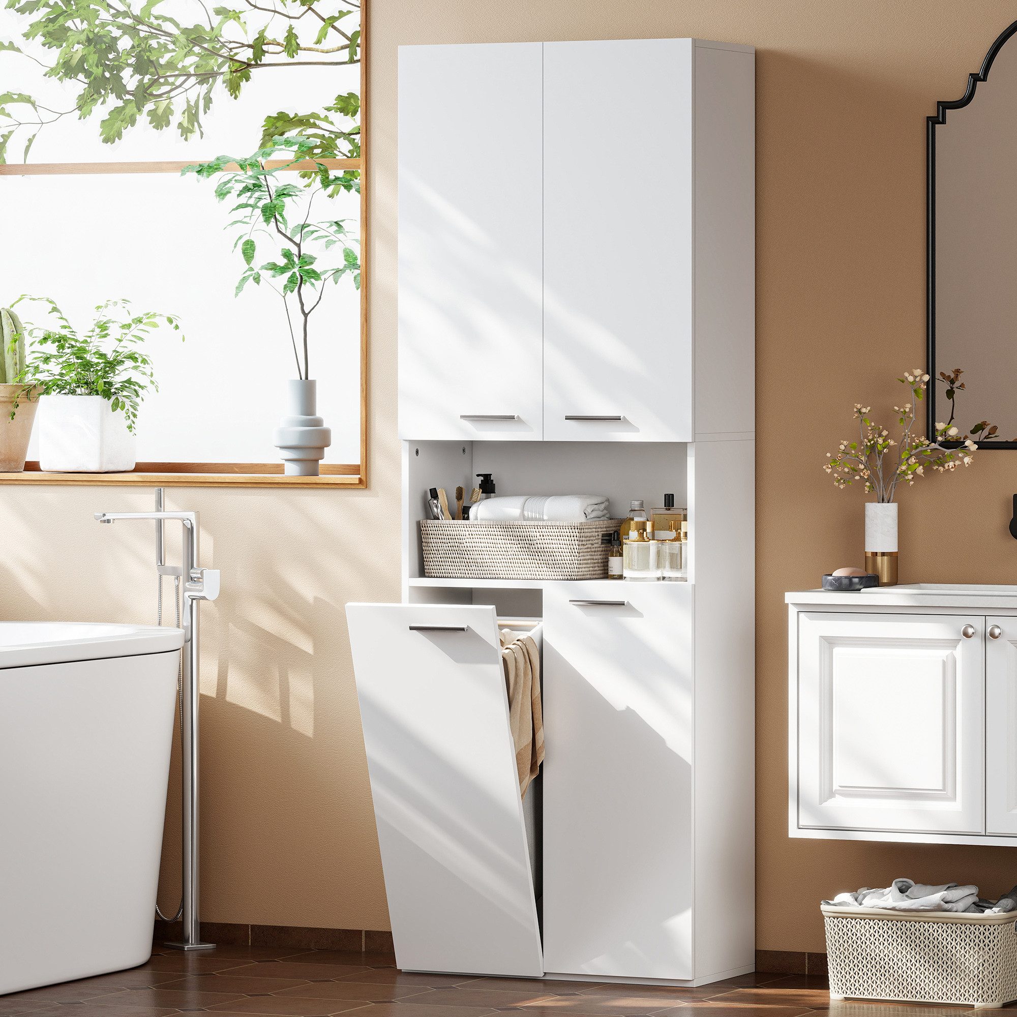 HOMCOM Badkommode Toilettenschrank mit Ausklappbarer Wäschekorb, offenes Fach (Badschrank, 1 St., Hochschrank), weißer Badezimmerschrank mit Soft-Close-Türen