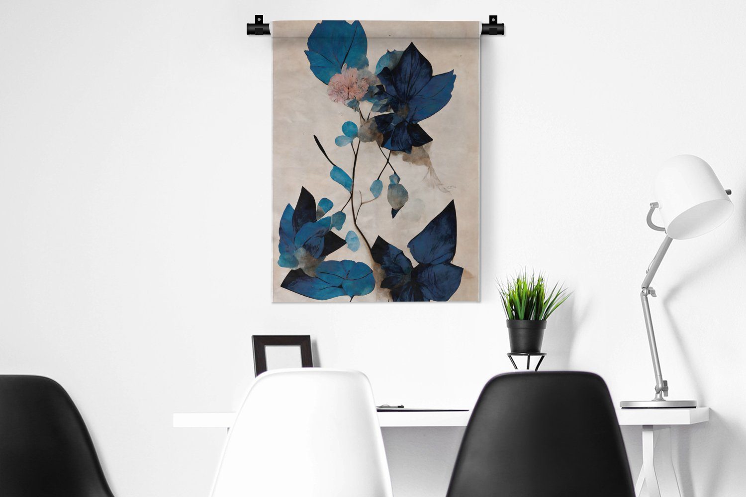 Schlafzimmer Deko Blätter Wanddekoobjekt - für - Wohnzimmer, Tapisserie, Pflanzen an Blau Wand, MuchoWow - Blumen, der