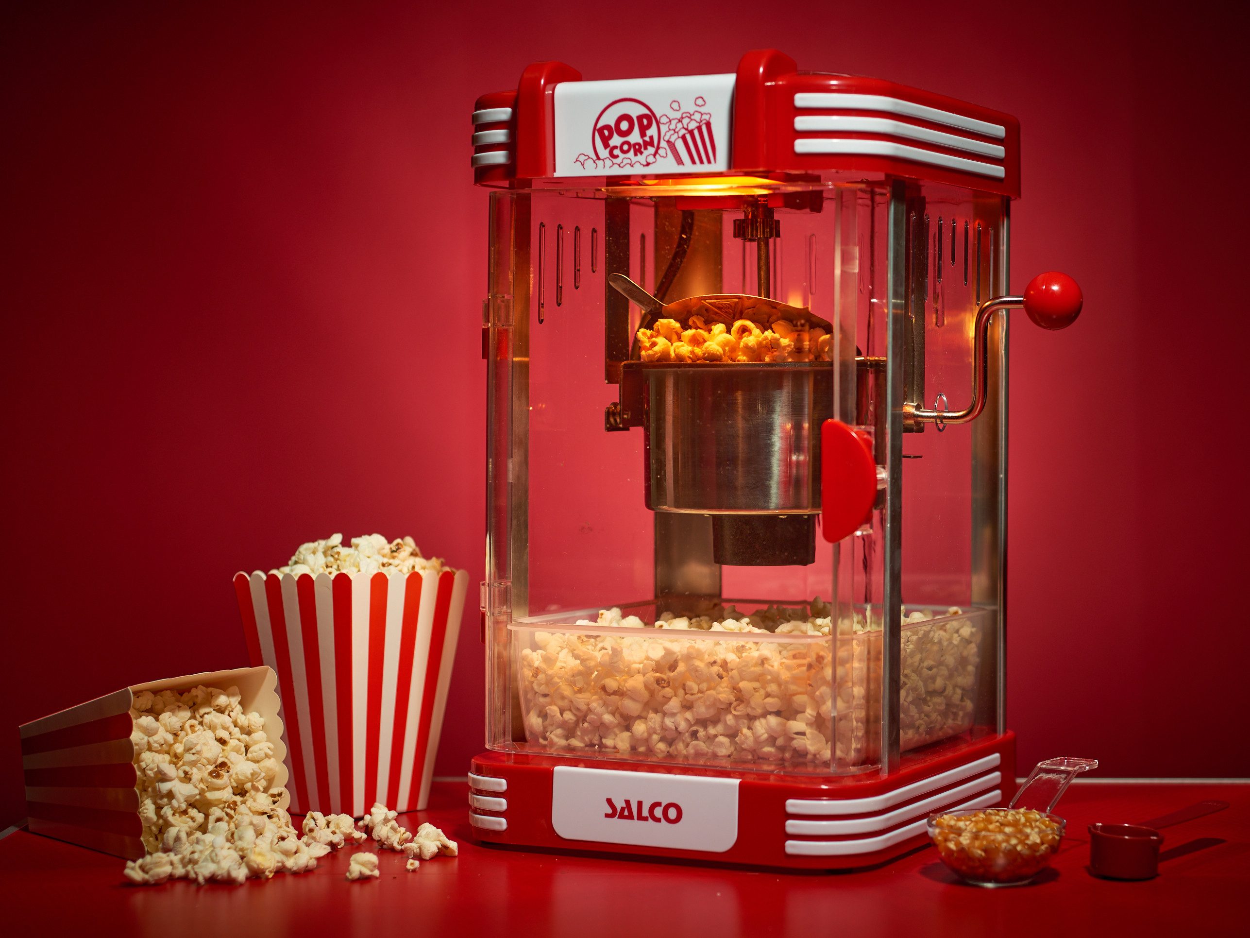 SALCO Popcornmaschine SNP-24, Edelstahlkessel, Eingebautes Rührsystem, inkl. Popcorn-Schale