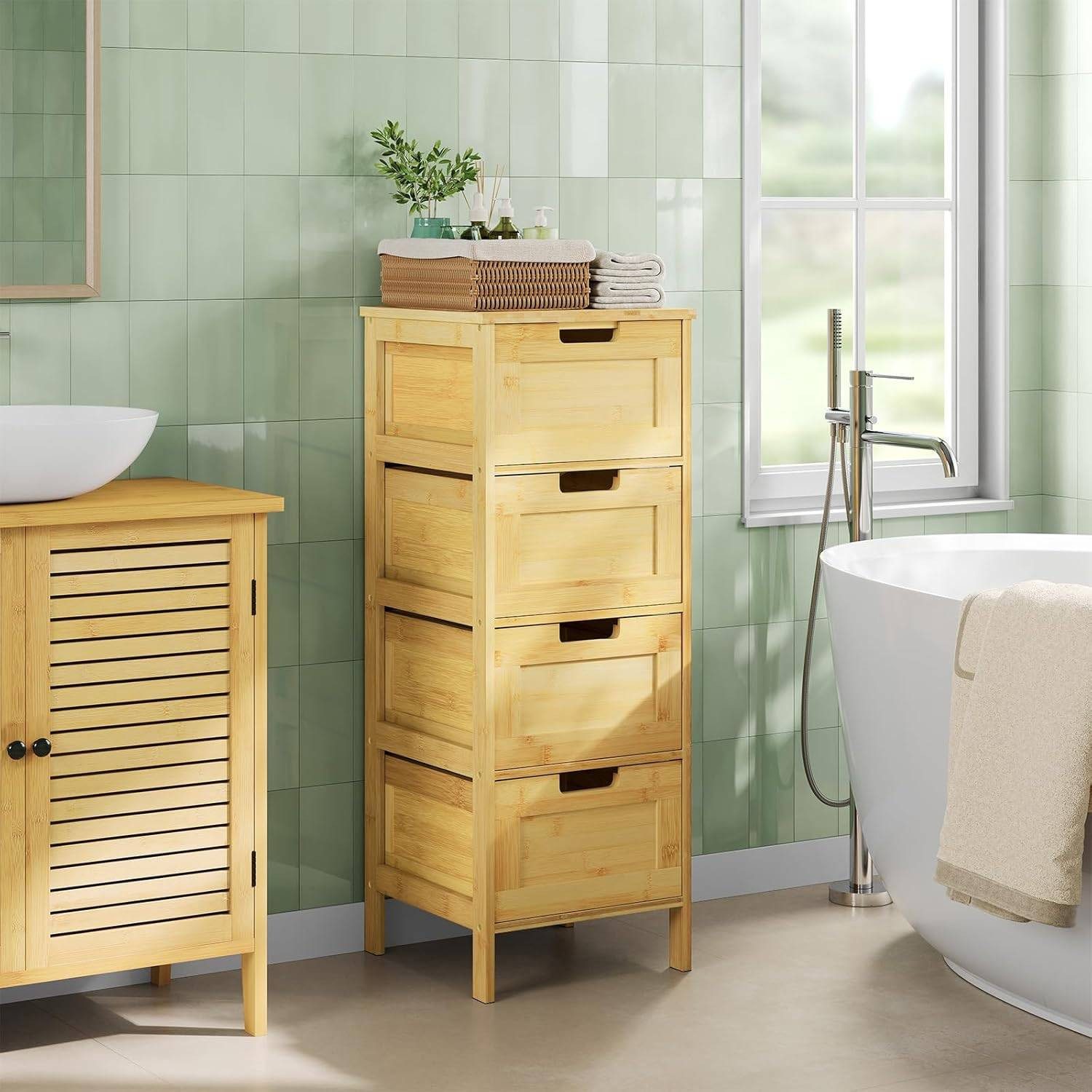EUGAD Badkommode (1 St), Badschrank Bambus, mit 4 Schubladen, 30x80x30 cm