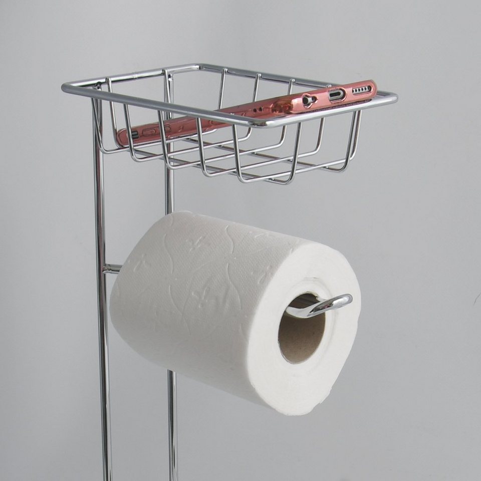 MSV Toilettenpapierhalter LILO, verchromter Stahl, kombinierter  Toilettenpapierhalter und Ersatzrollenhalter - für 2 Ersatzrollen, mit  Ablagekorb, edle Hochglanz-Optik