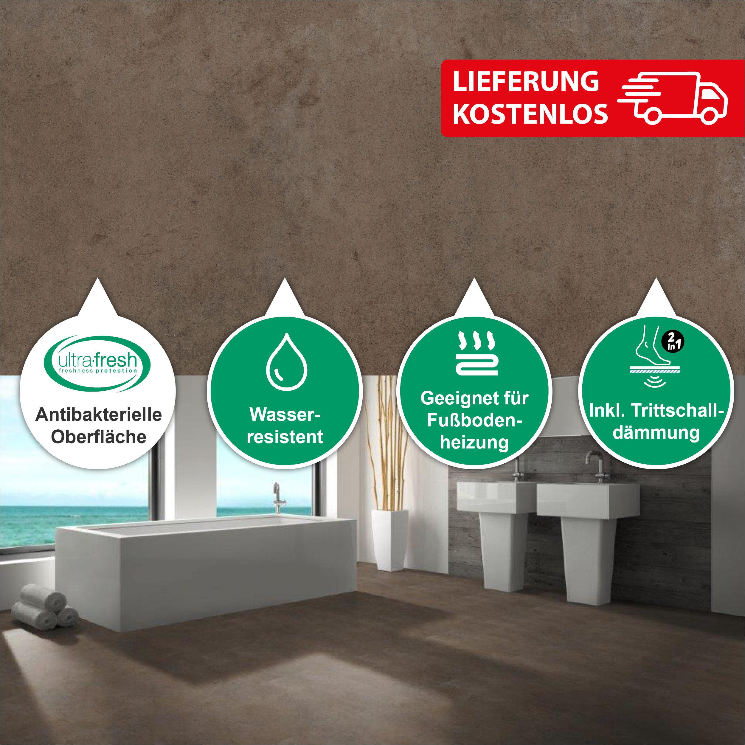 SLY Designboden Square (XL-Fliesenoptik) Klick-Vinylboden inkl. Trittschalldämmung, Packung mit 2,16 m², Versandkostenfreie Lieferung, Inkl. Trittschalldämmung, Wasserfest und mit Klicksystem