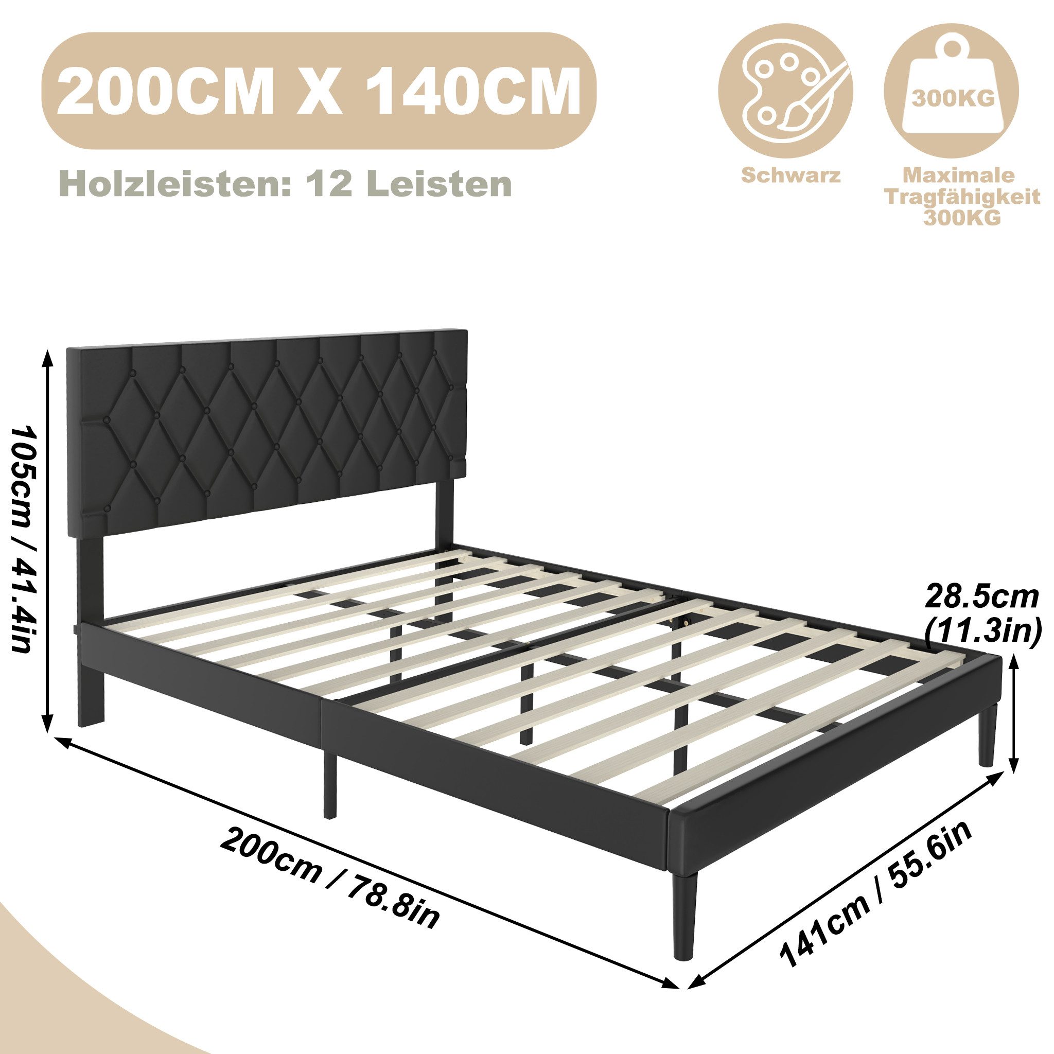 FIVMEN Bettgestell Bettrahmen Polsterbett Bett Metall mit Kopfteil und Lattenrost, Lattenrost Bett Metall Plattform Leder Kopfteil Matratzenfundament
