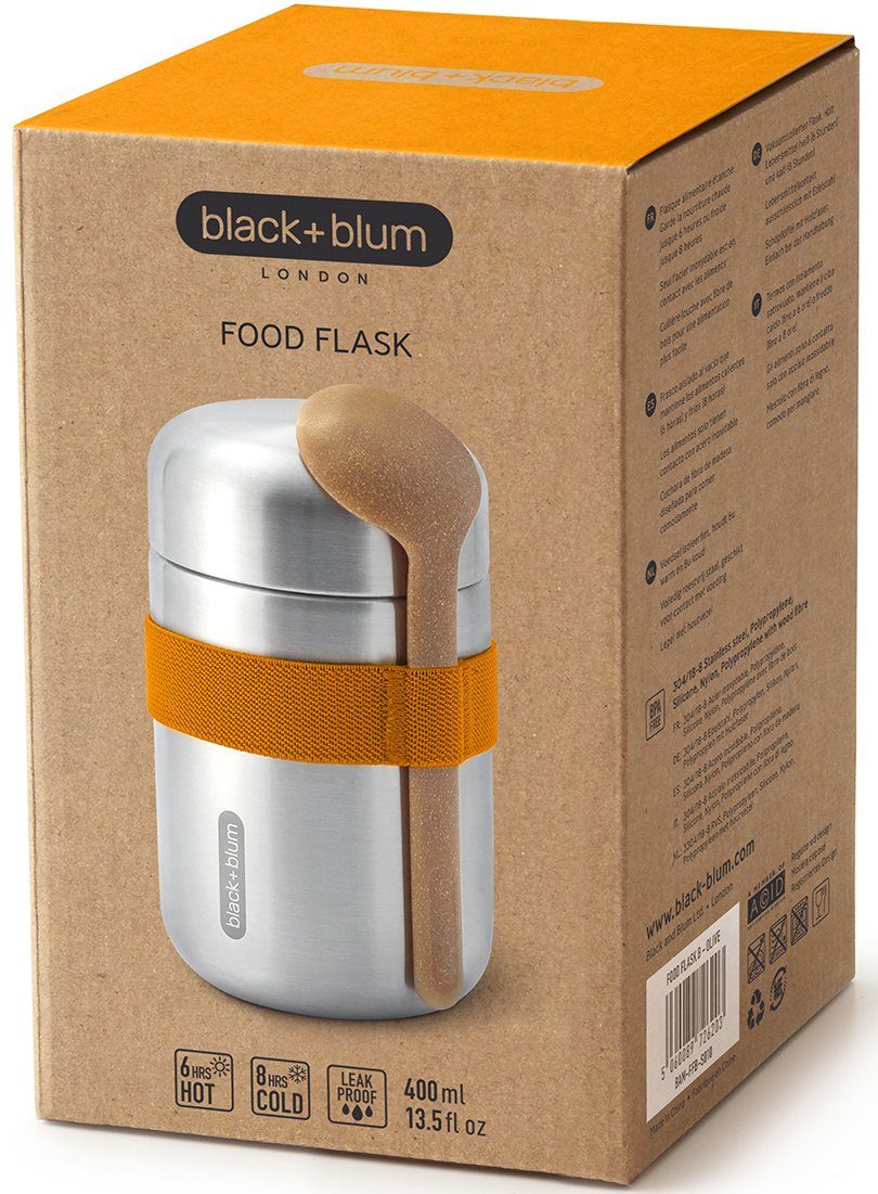 black+blum Thermobecher Food Flask, Edelstahl, hält Speisen lange heiß, auslaufsicher, inkl. Löffel, 400 ml