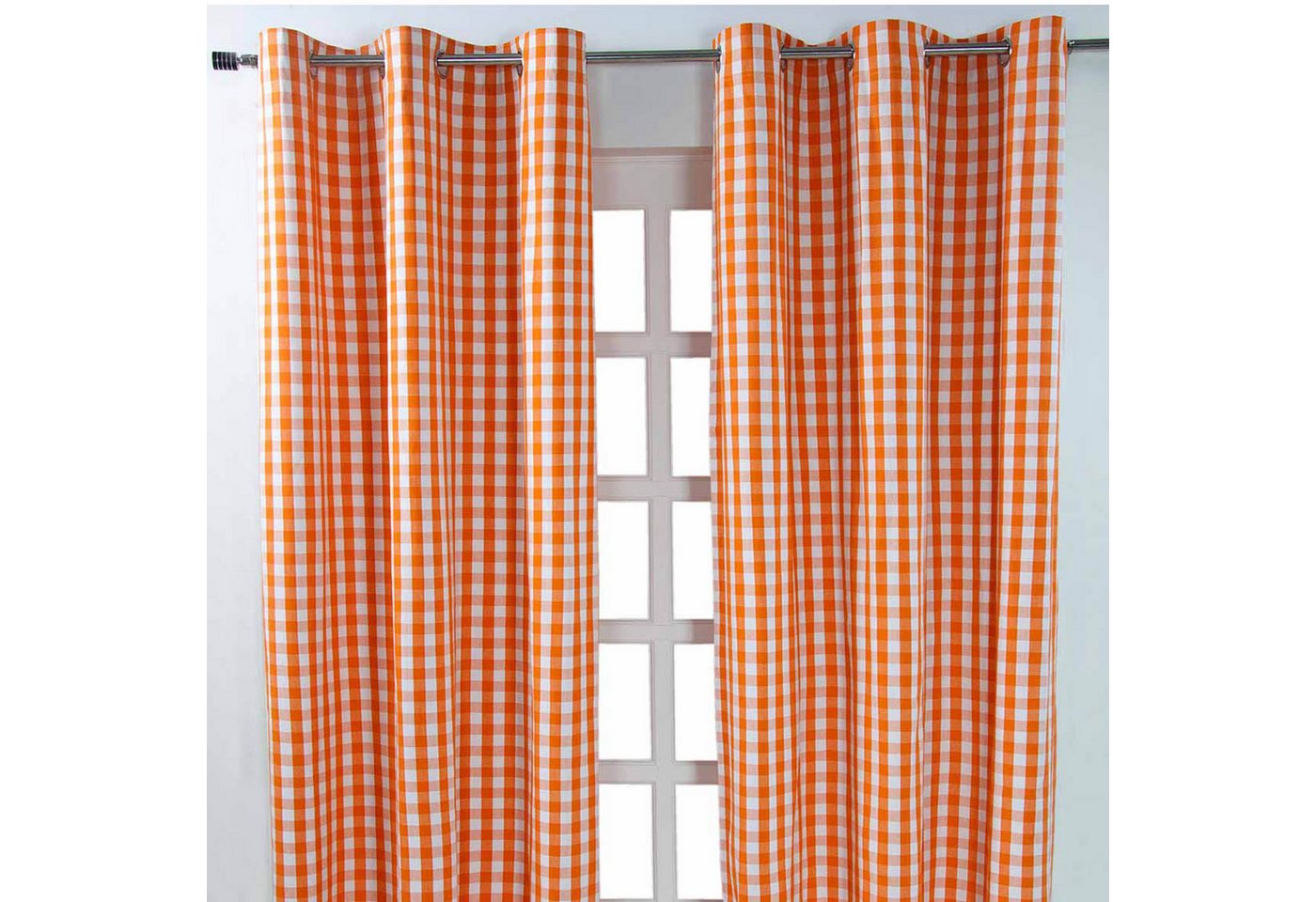 Homescapes Gardine Orange karierter Ösenvorhang im 2er Pack, B 137 cm x L 117 cm