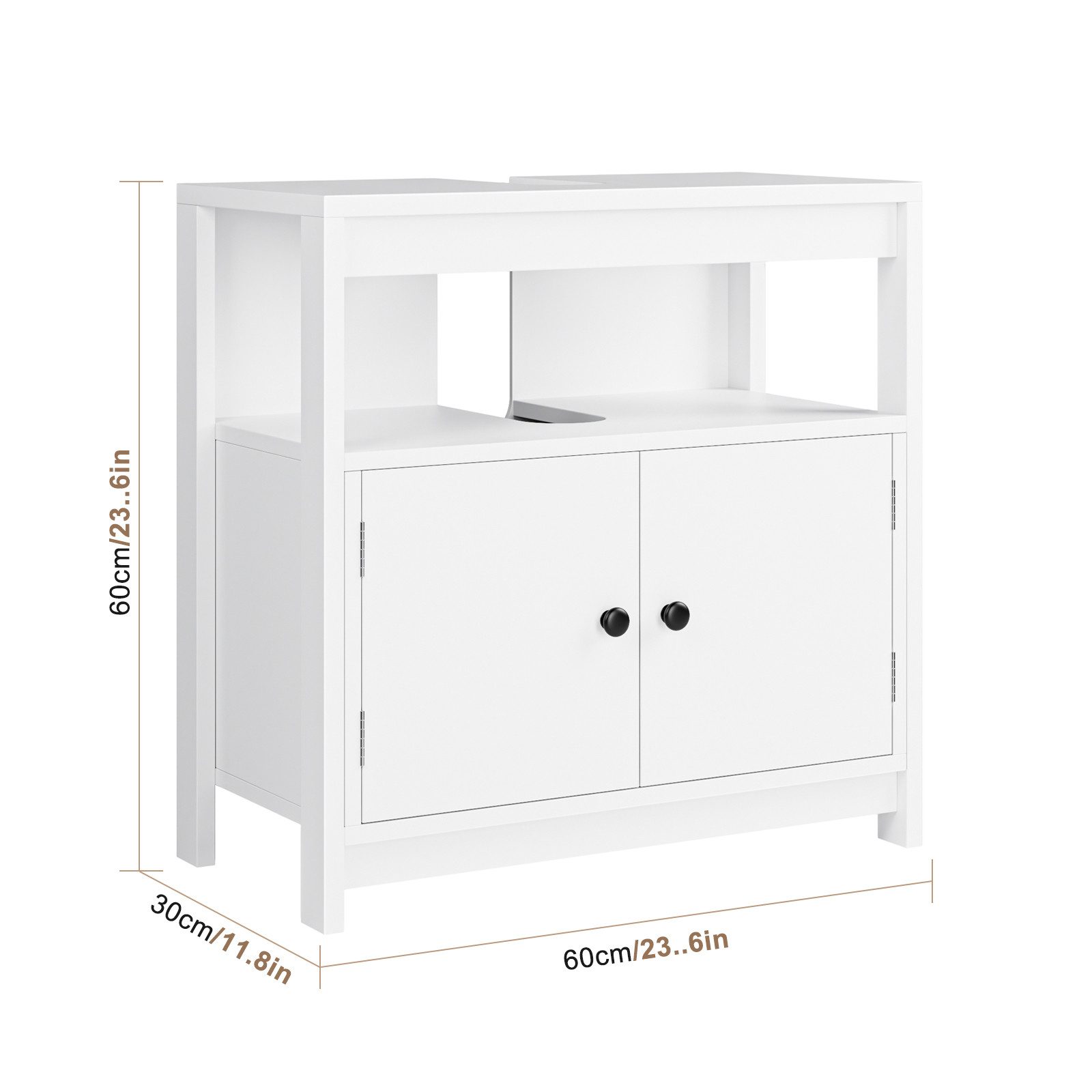 Homfa Waschbeckenunterschrank Badezimmer Unterschrank mit 2 Türen und offenem Fach, Holz, 60 cm breit – Bild 5 von 5