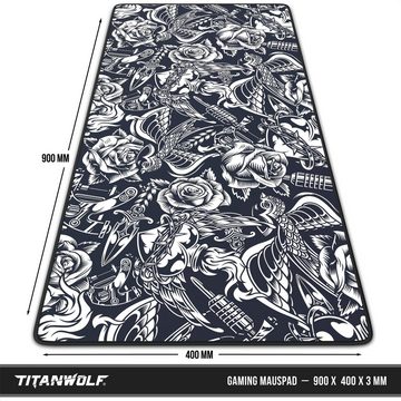 Titanwolf Gaming Mauspad, XXL, glattes Stoffgewebe, Speed Mousepad 900 x 400mm, Rose Tattoo