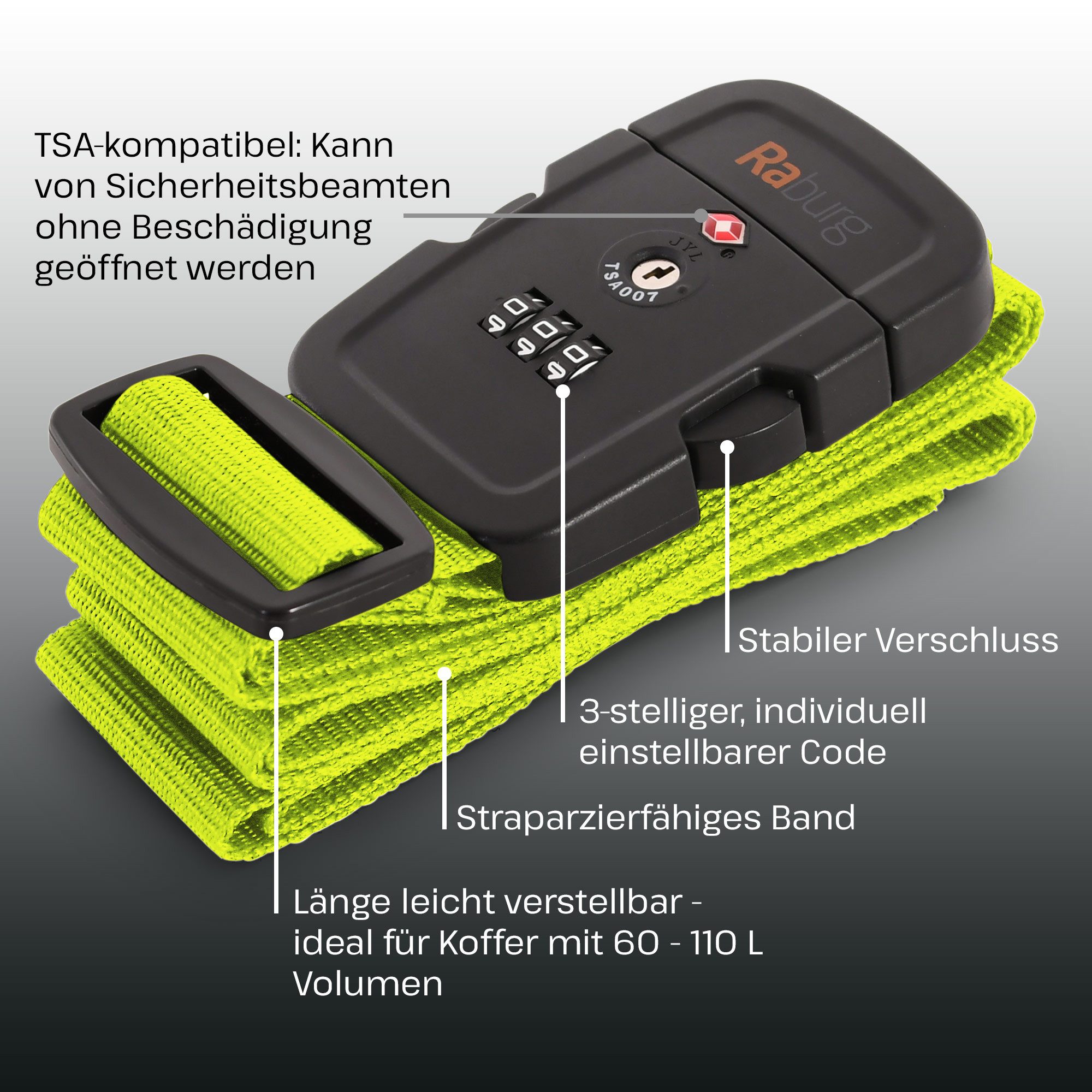 Raburg Gepäckgurt Reiseset Koffergurt, TSA-Gepäckschloss, Kofferanhänger, (5-teilig, 9-teilig, 14-teilig, 5-tlg., Blau, Grün, Schwarz), ideal für: Flugreise, Reisegepäck, Taschen, Koffer, Trolley, Kreuzfahrt