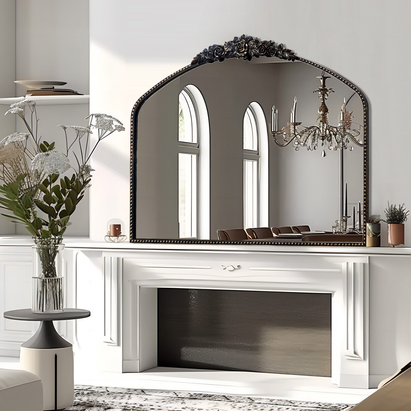 G-LEAF Wandspiegel Bogen-Wandspiegel im Barockstil, Metallrahmen mit Perlenverzierung (1-St), für Eingangsbereich, Badezimmer oder Schlafzimmer, Vintage-Schwarz – Bild 2 von 5