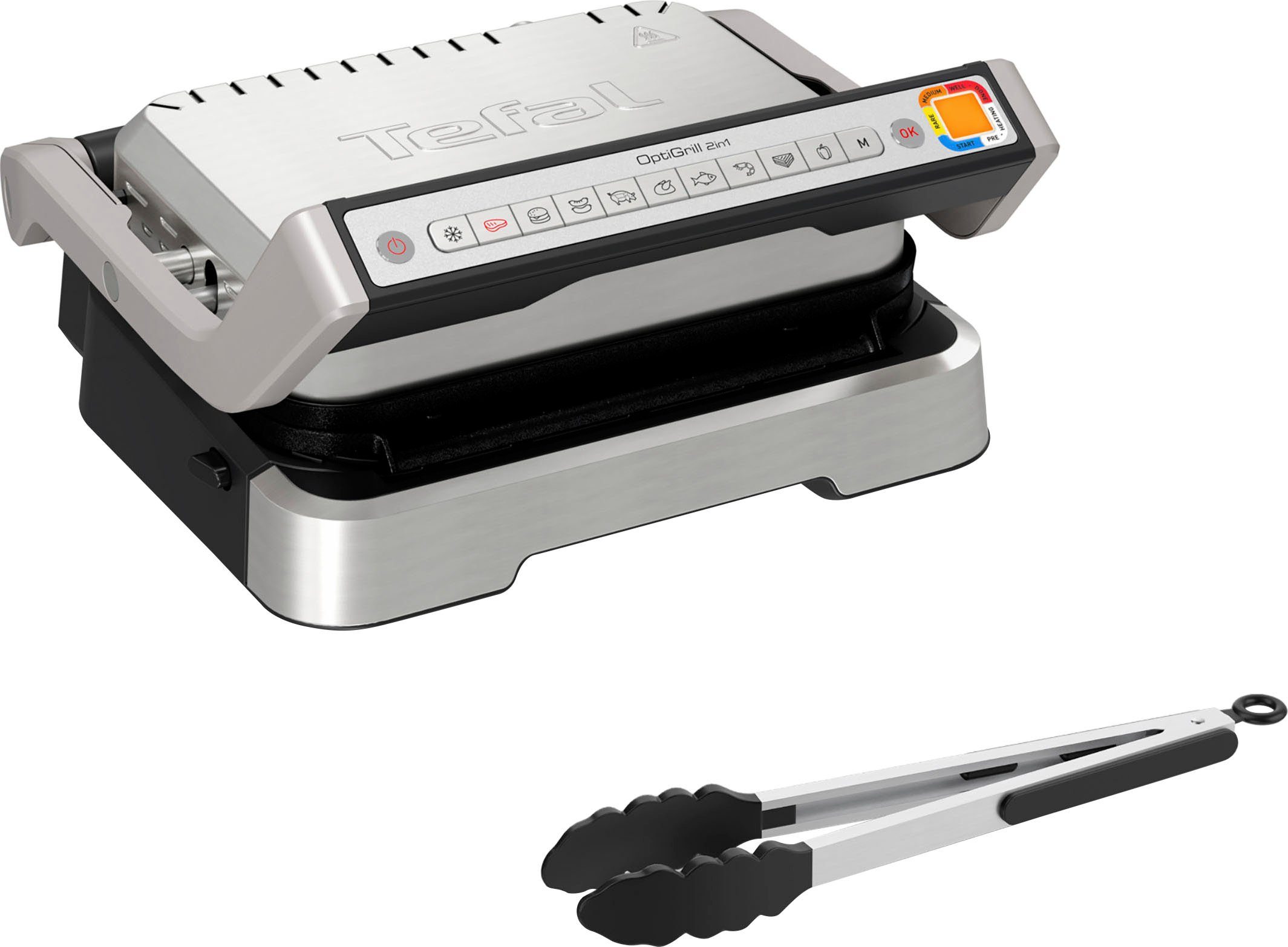 Tefal Kontaktgrill GC773D OptiGrill 2-in-1 mit Grillzange, 2100 W, intelligenter Grill & BBQ, aufklappbar, 9 Auto-Programme