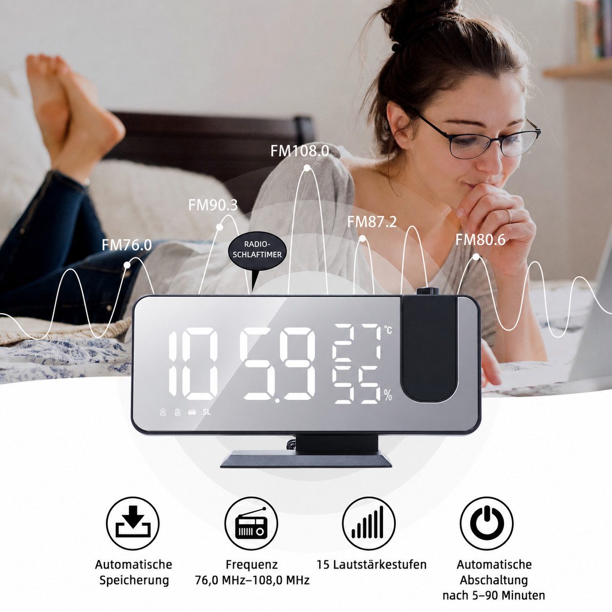 Tekoo Radiowecker Projektionswecker mit FM-Radio, Thermometer & USB Automatischer Lichtsensor, Zwei separate Alarme, Schlaf-Timer