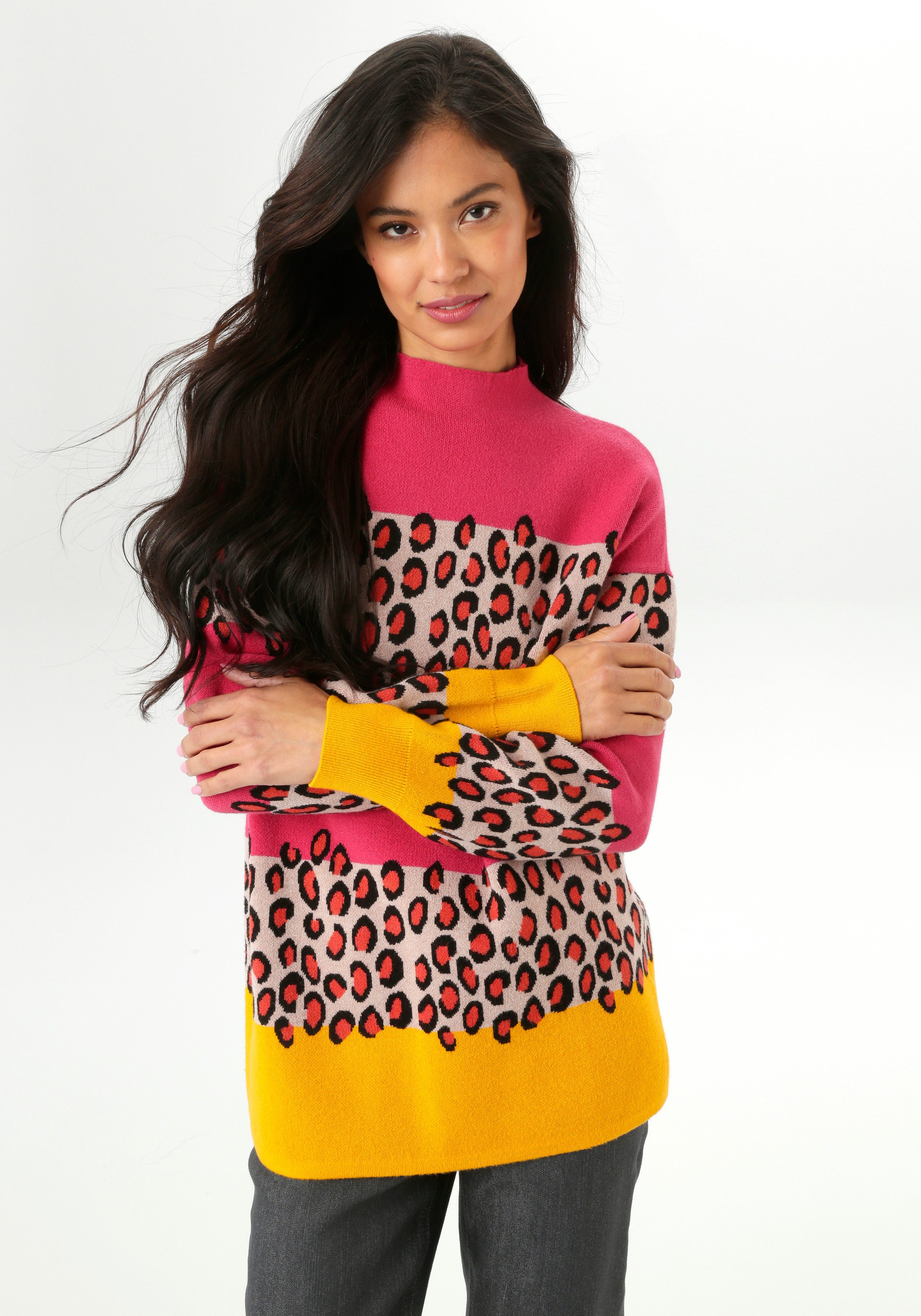 Aniston SELECTED Strickpullover im Animal-Look in Kombination mit Blockstre günstig online kaufen