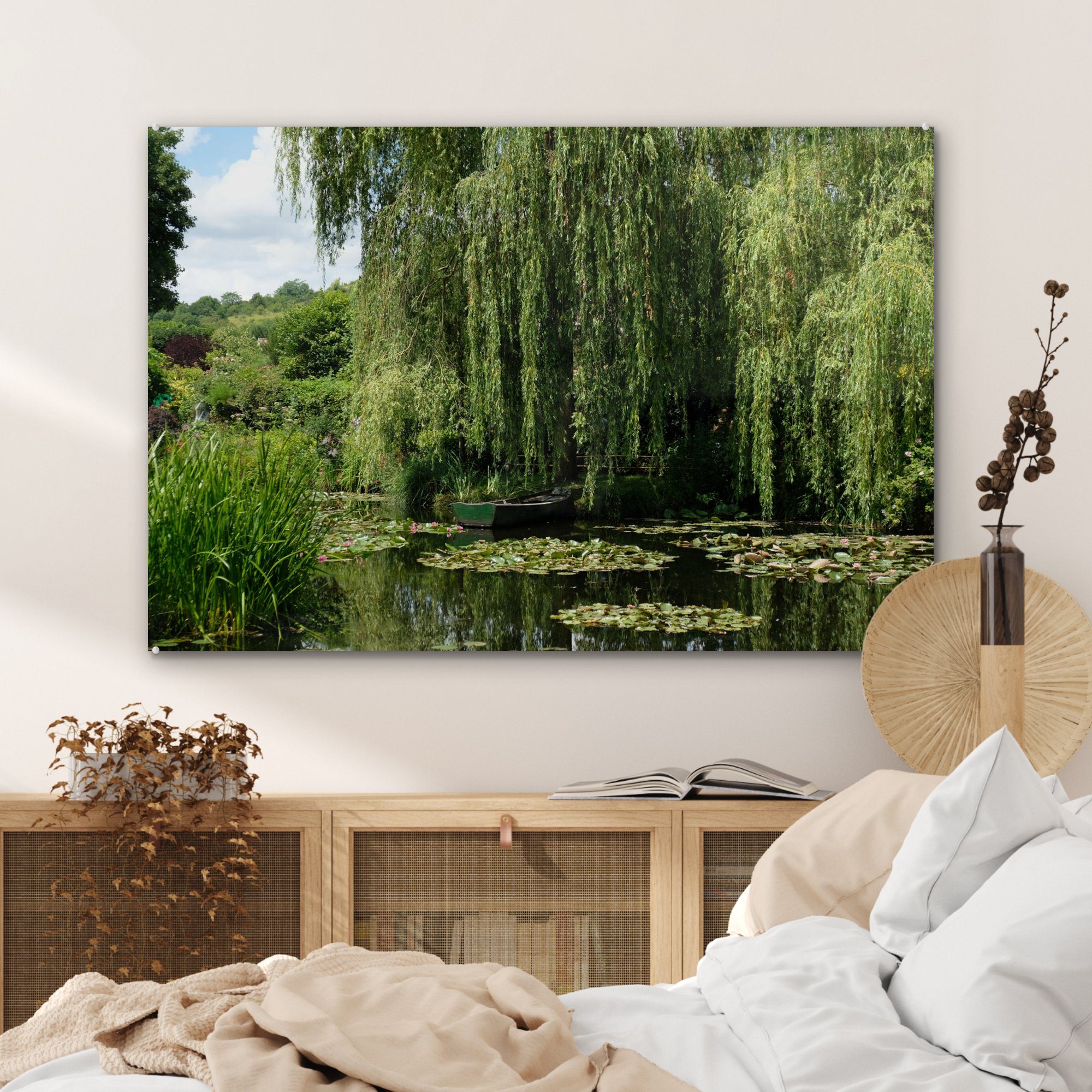 hängenden St), Schlafzimmer Wasser MuchoWow das Acrylglasbilder Frankreich, (1 mit im in Wohnzimmer Wasser über & Ästen Seerosen Acrylglasbild
