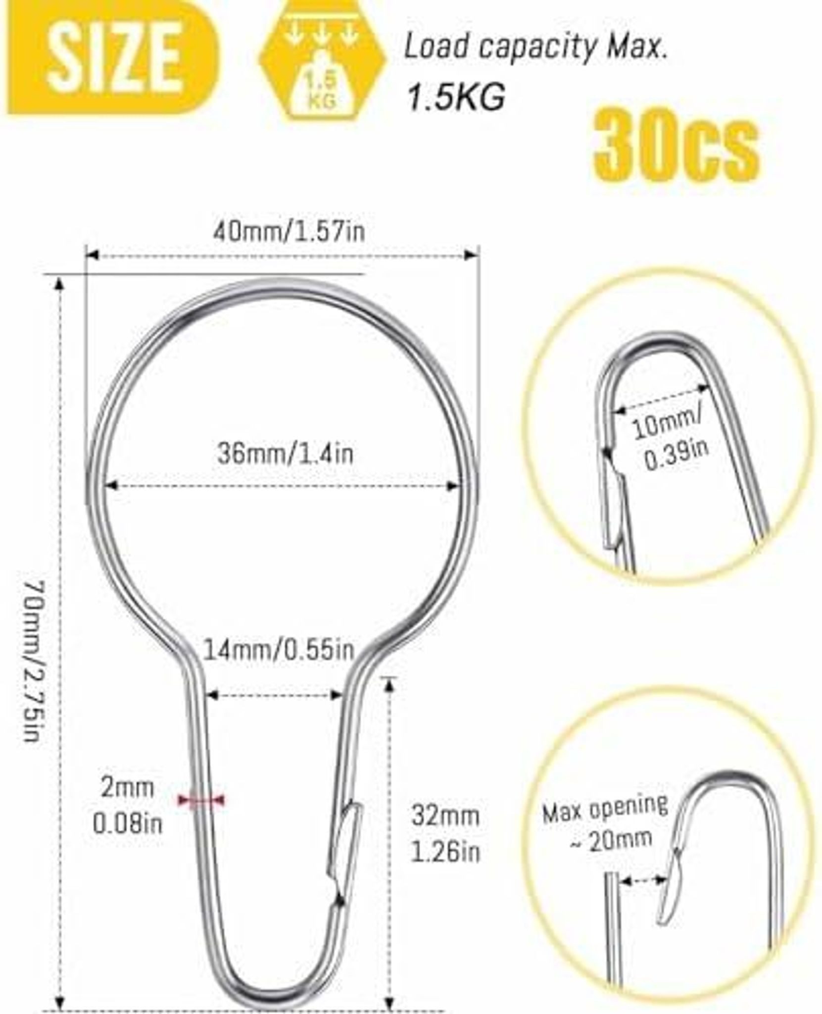 FELIXLEO Duschvorhangringe 30 Duschvorhang Haken Edelstahl 70x40mm Gardinenringe Bad