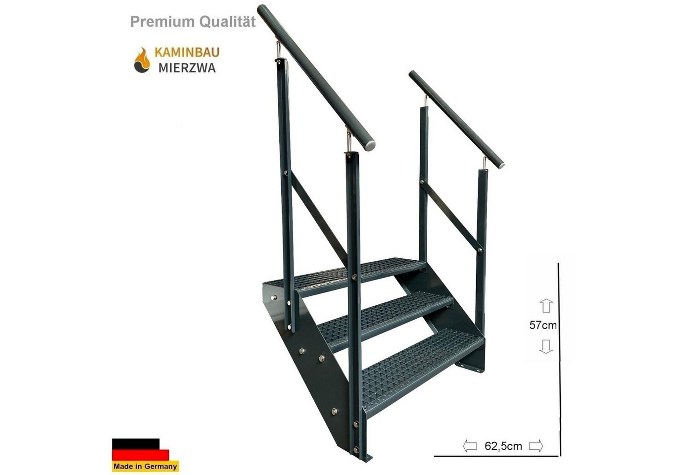 Thumbnail - Kaminbau Mierzwa Außentreppe Premium Treppe Anthrazit mit und ohne Geländer, für Geschosshöhen bis 57.00 cm, Stufen Gitt...