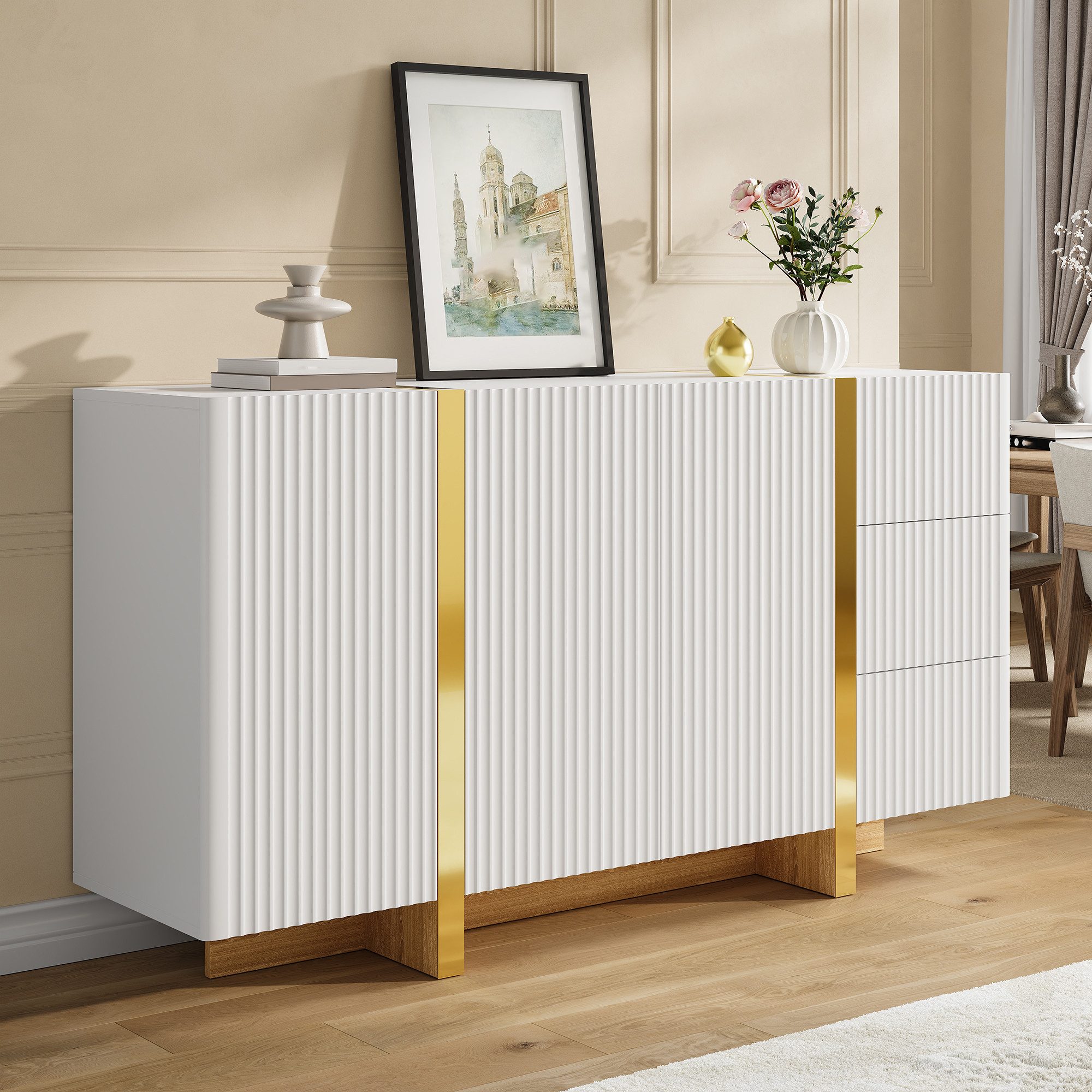 Merax Sideboard mit 3 Türen, 3 Schubladen & Stauraum (1 St., Stauraumschrank 140x36x75cm), Kommode mit gedämpfte Scharniere mit goldenen Zierleisten
