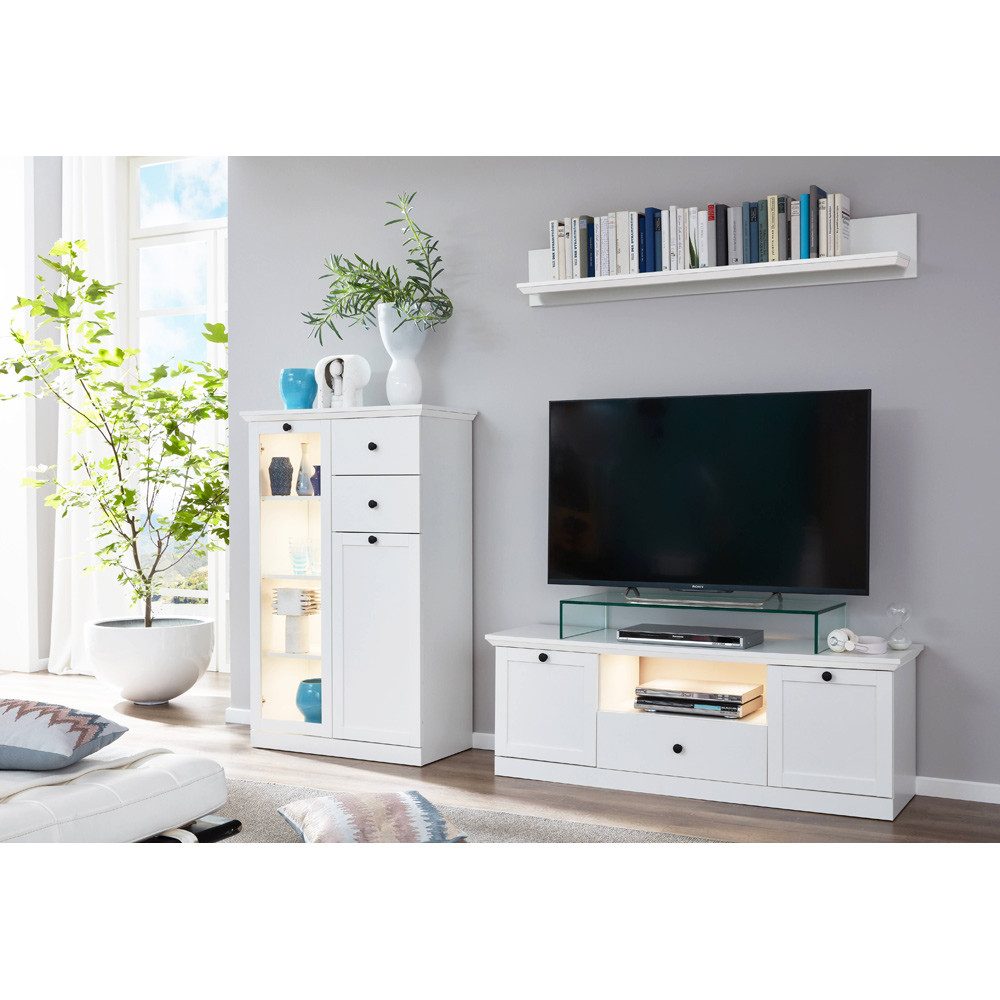 Lomadox Wohnwand BERGAMA-19, (3-St), weiß 235 cm mit Beleuchtung Landhaus, B/H/T: ca. 235/180/41 cm