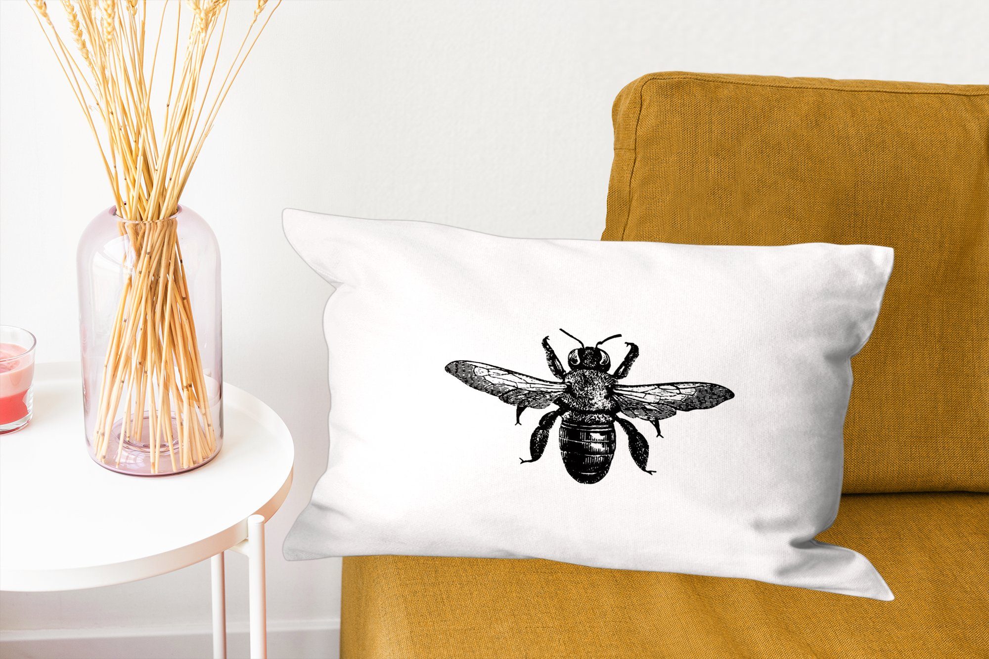 - und - Dekokissen Schlafzimmer Zierkissen, Schwarz - weiß, Füllung, Wohzimmer mit Insekt Vintage Dekoration, MuchoWow Dekokissen Biene