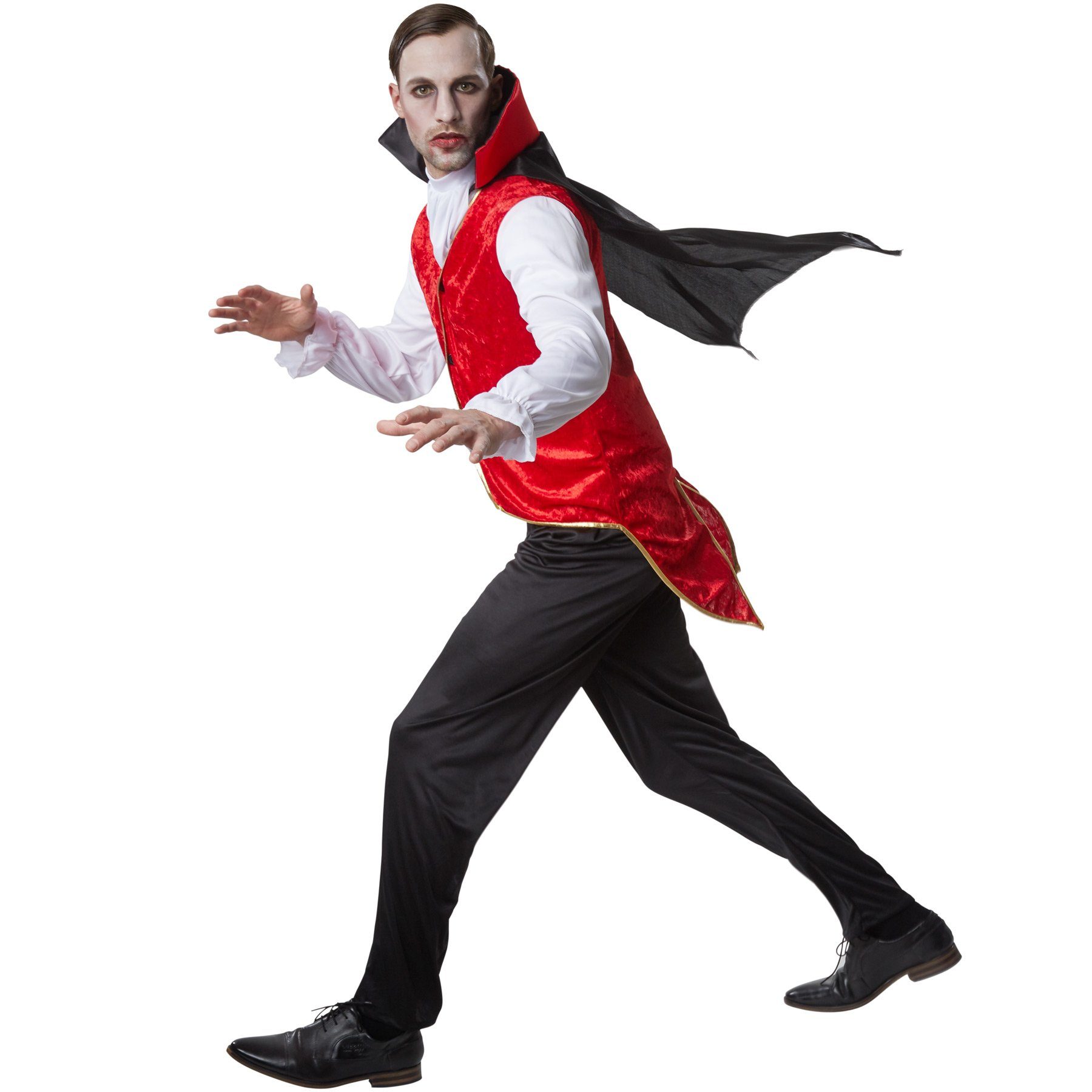 dressforfun Vampir-Kostüm Dracula/Blutsauger, in der Farbe schwarz/rot, Konfektionsgröße XXL, Lange schwarze Hose mit Gummizug, Schwalbenschwanz-Muster hinten