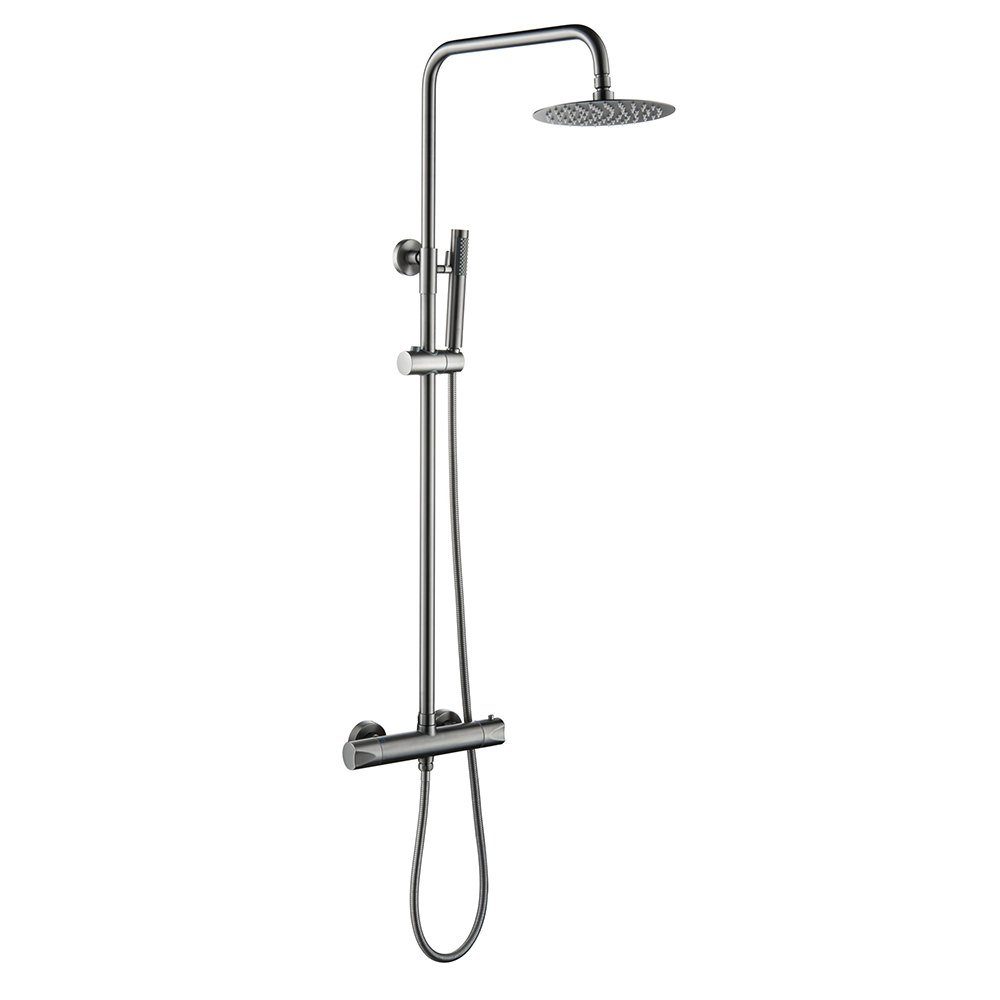Aloni Duschsystem OPT1-GG, Höhe 120 cm, komplett_set, 1 tlg., Handbrause, Wandhalter, Brauseschlauch, Armatur, Thermostat-Duschgarnitur mit Kopfbrause Handbrause Grau gebürstet