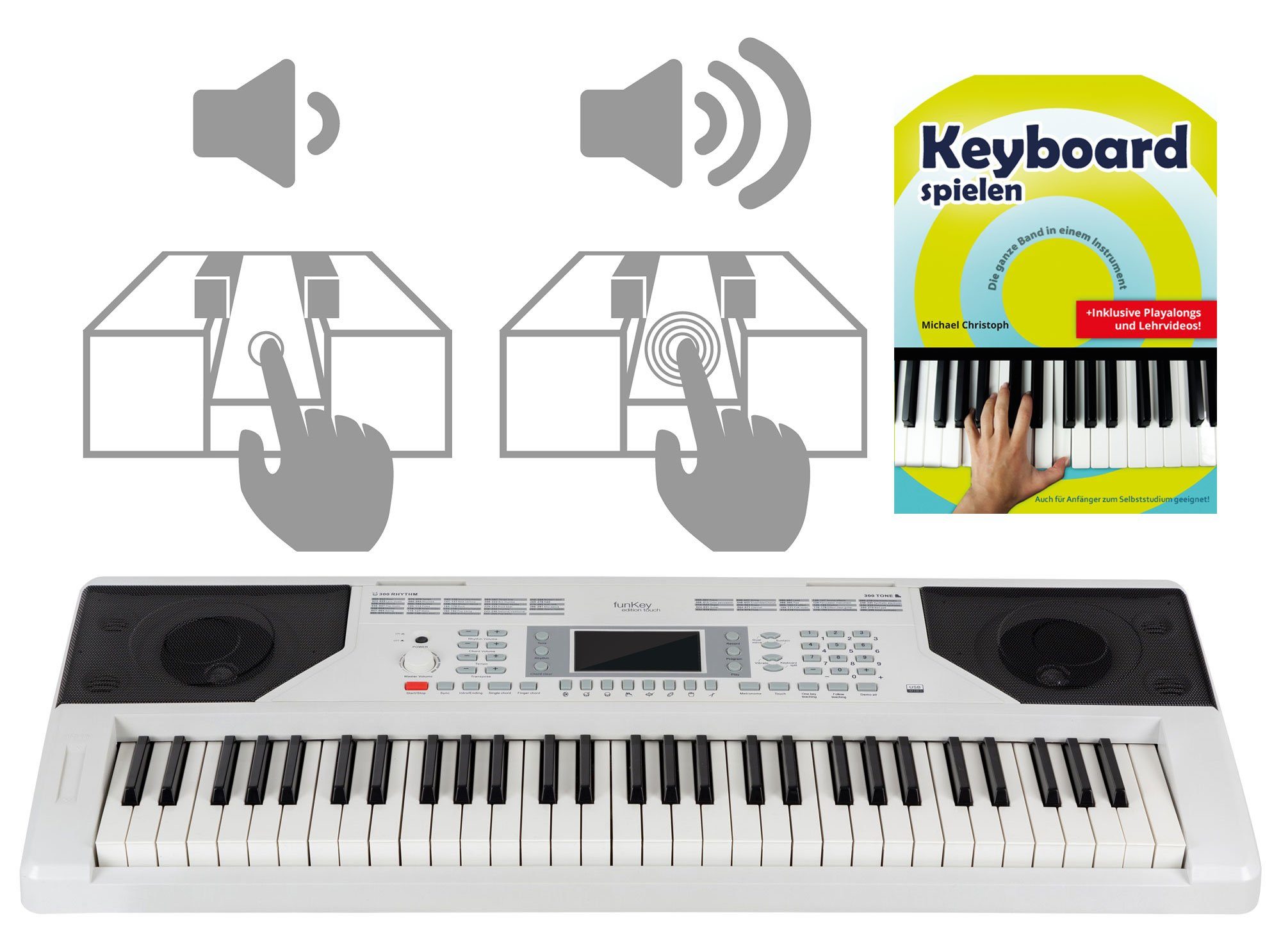 FunKey Home Keyboard 61 Edition Touch (Touch Response, 300 Sounds, MP3-/USB-Port), (Schüler-Set, 4 tlg., Inkl. Keyboardschule), mit Begleitautomatik und intelligente Lernfunktion