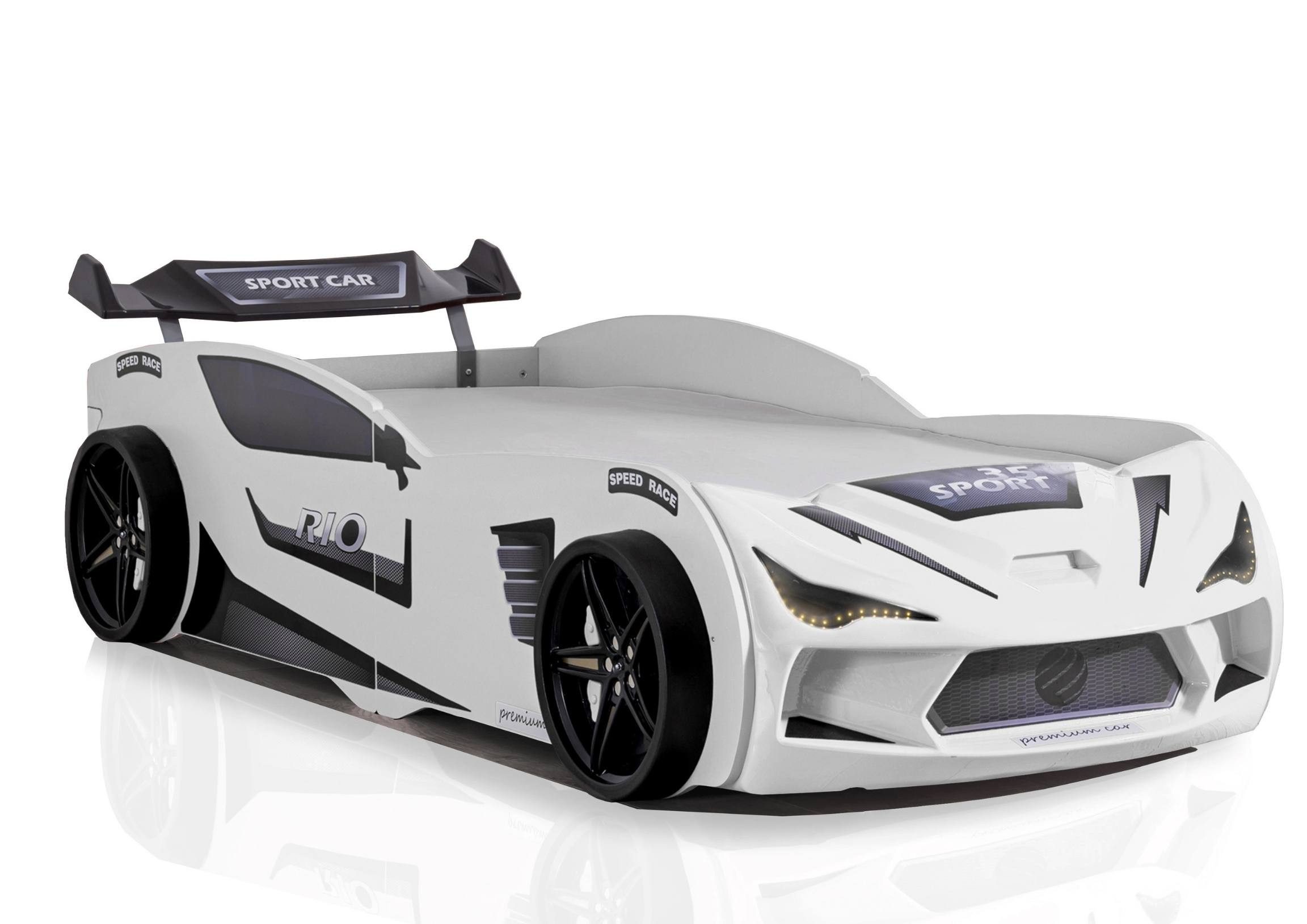 Aileenstore Autobett Rio II, Kinderbett 90 x 200 cm, inkl. Lattenrost, Heckspoiler LED-Beleuchtung