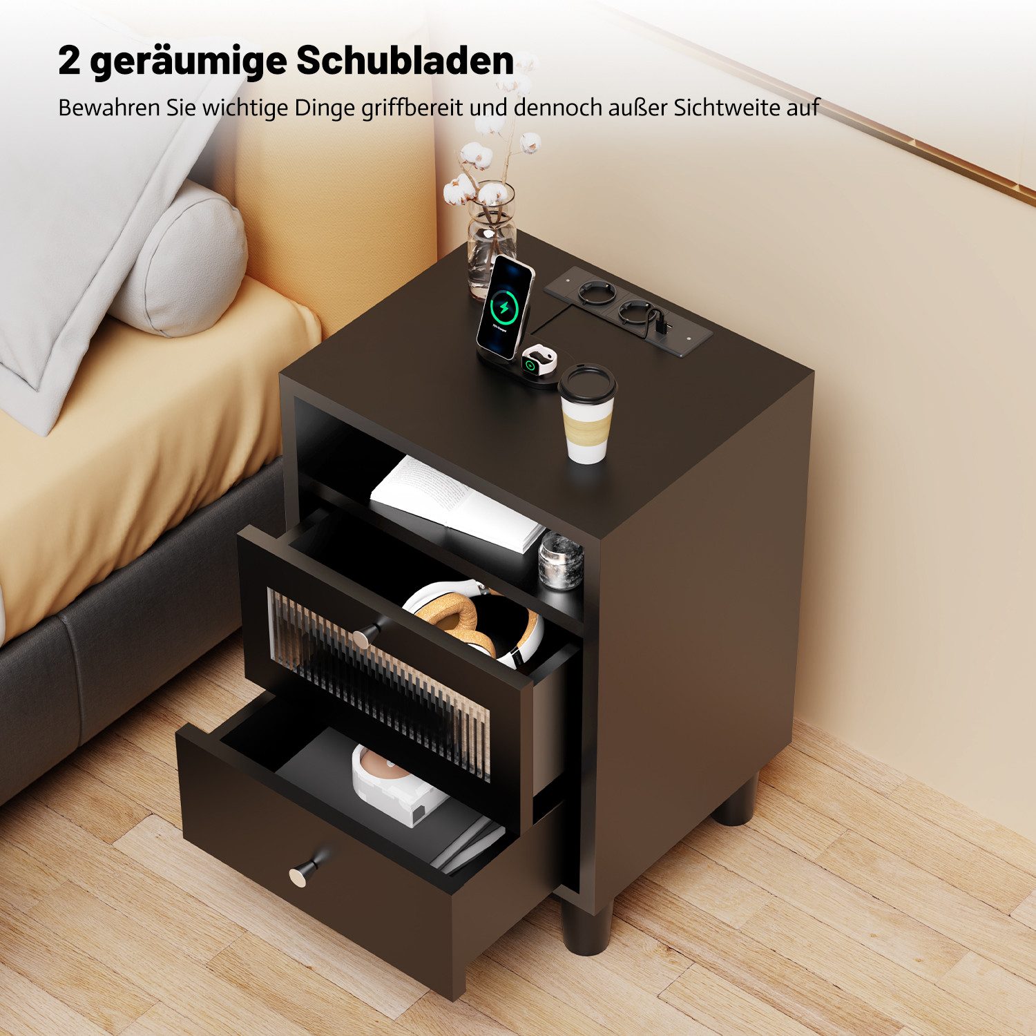 oyajia Nachttisch mit LED-Beleuchtung und Ladefunktion, Beistelltisch (Nachtschrank Beistelltisch mit 2 Schubladen und 1 offener Ablage, 2-St), 2 AC-Steckdosen, 1 typ C+1 USB-Anschlüsse, 40x35x61cm