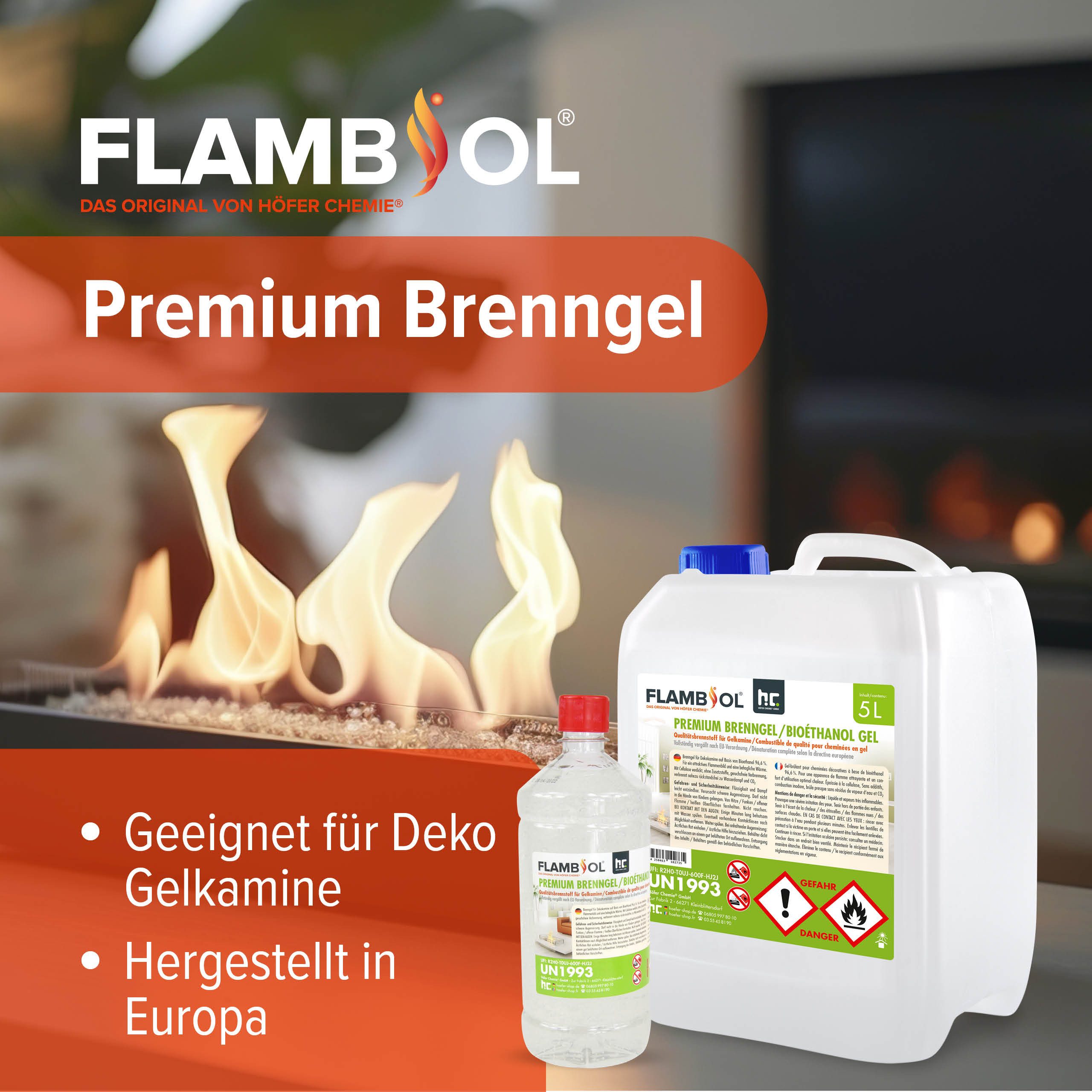 Höfer Chemie GmbH Bioethanol 1 L FLAMBIOL® Premium Brenngel, 1 l, (1-St), Rauchfreies Gel für saubere Verbrennung im Tischkamin