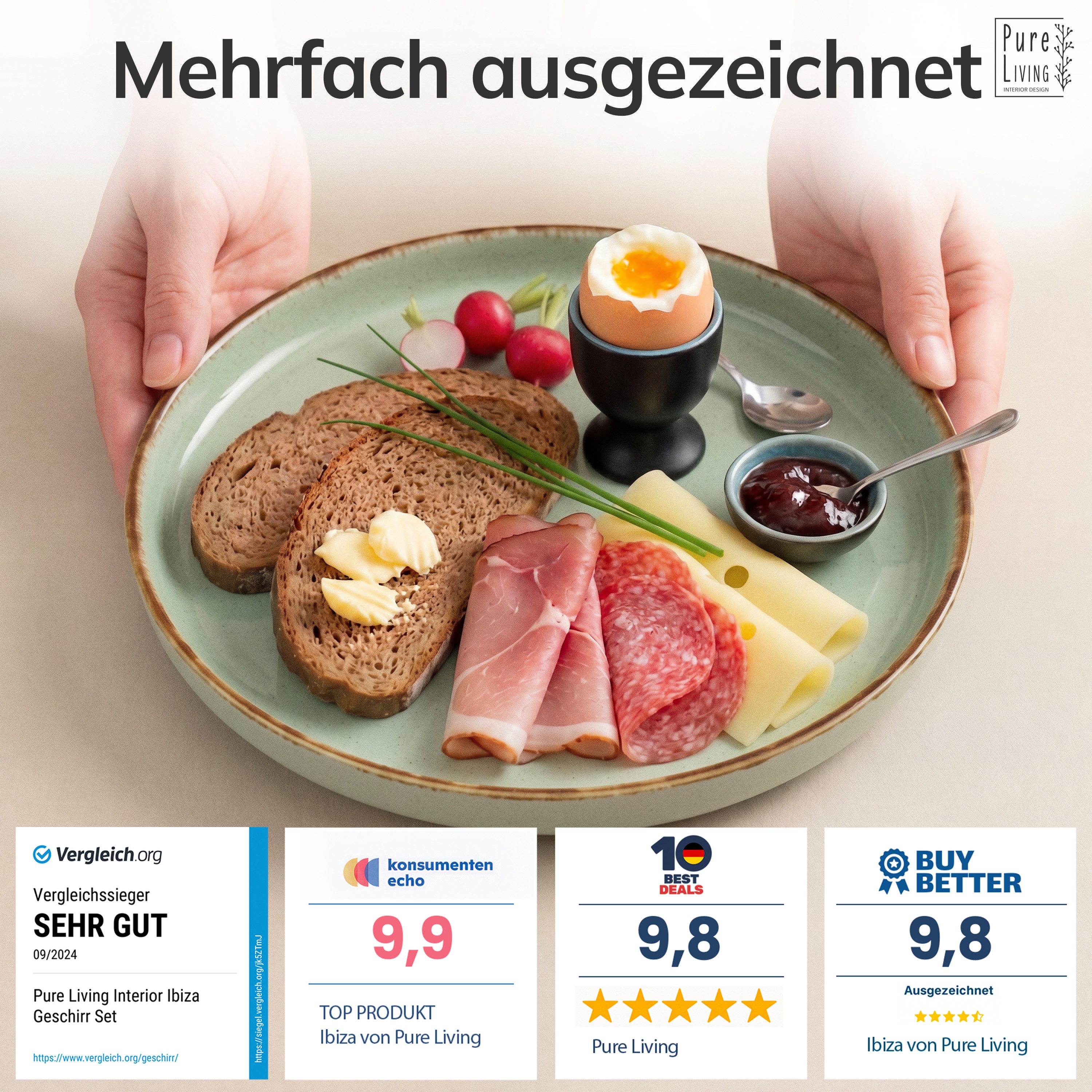 PURE LIVING INTERIOR DESIGN Geschirr-Set Pure Living Dessertteller 6er 20cm »Rustic«, Steingut, Mintgrün, 6 Personen, Steingut, Authentischer Landhausstil, Reaktive Glasur – jedes Stück ein Unikat,…