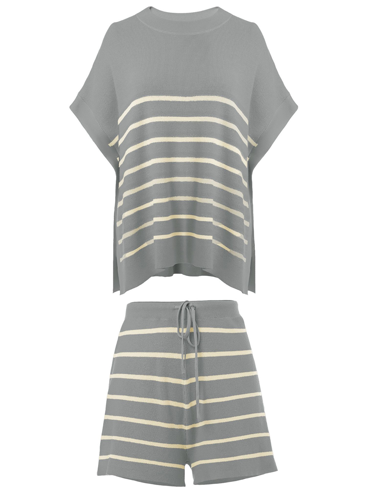 Imily Bela Hausanzug Damen Sommerliche Strick Lounge Shorts Sets (Set, 2 tlg., Kurzarm-Tops mit Fledermausärmeln + Shorts mit hohem Bund) Streifen