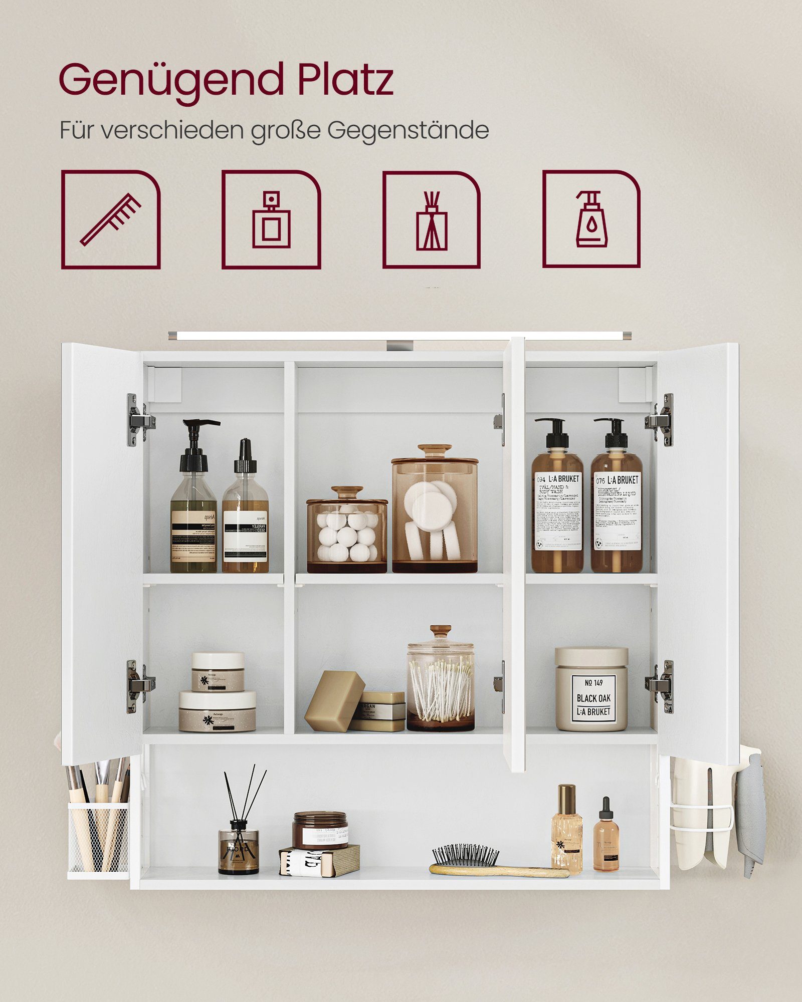 VASAGLE Spiegelschrank Badezimmerschrank, Badschrank, Wandschrank (mit LED-Beleuchtung) mit Stecker, Hängekorb, Haartrockner-Halter, wolkenweiß – Bild 5 von 5