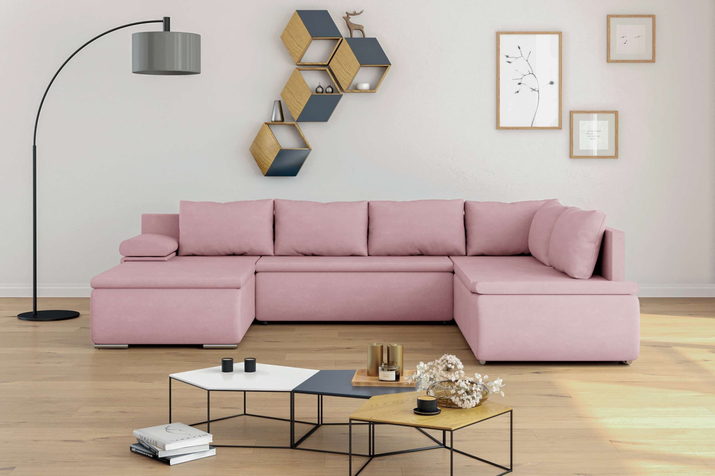 Wellenfederung Nessi, Bettfunktion Design, mit und im links Sofa, Raum Modern mane rechts Wohnlandschaft Bettkasten, oder frei mit U-Form, bestellbar, stellbar, Stylefy