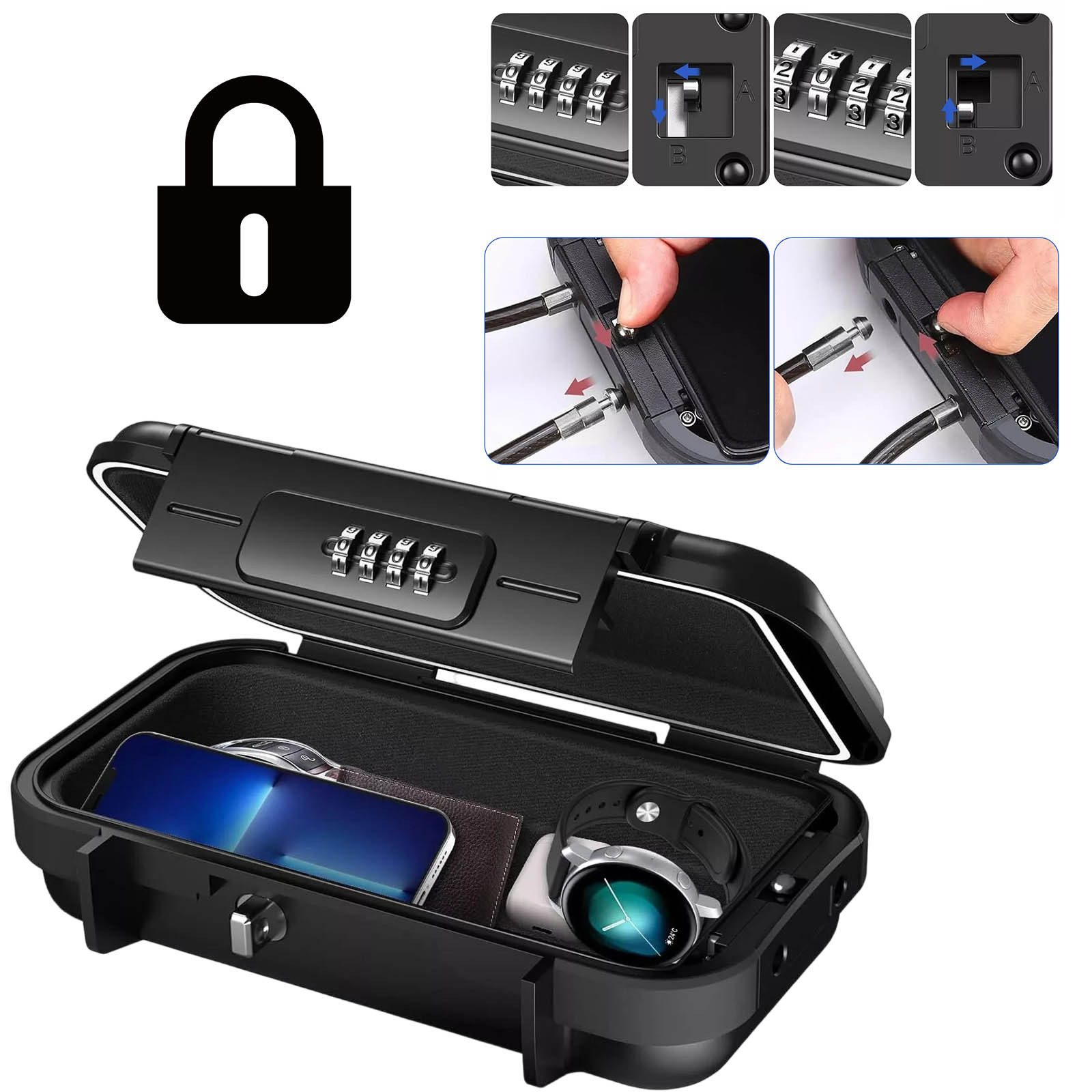 REDOM Tresor Mobiler Tresor Reisesafe Sicherheitstresor Geldkassette Wertfach (mit 4-stelligem Zahlenschloss robustem Stahlsicherungsseil, 1-St., Mobiler Mini Safe für Reisen Büro Zuhause), Tragbarer Safe Kompakter mit Zahlenschloss Stahlseil