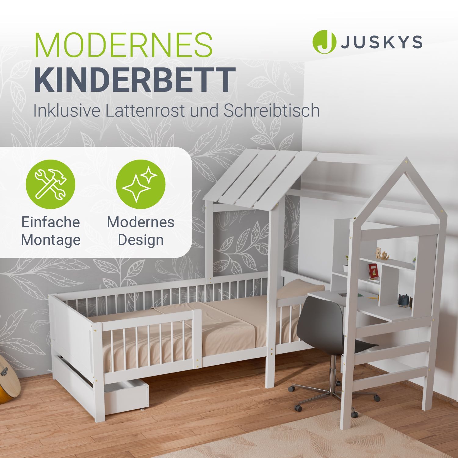 Juskys Kinderbett Yari, 90x200 cm, Hausoptik, Schreibtisch, 3 - 10 Jahre, Holz