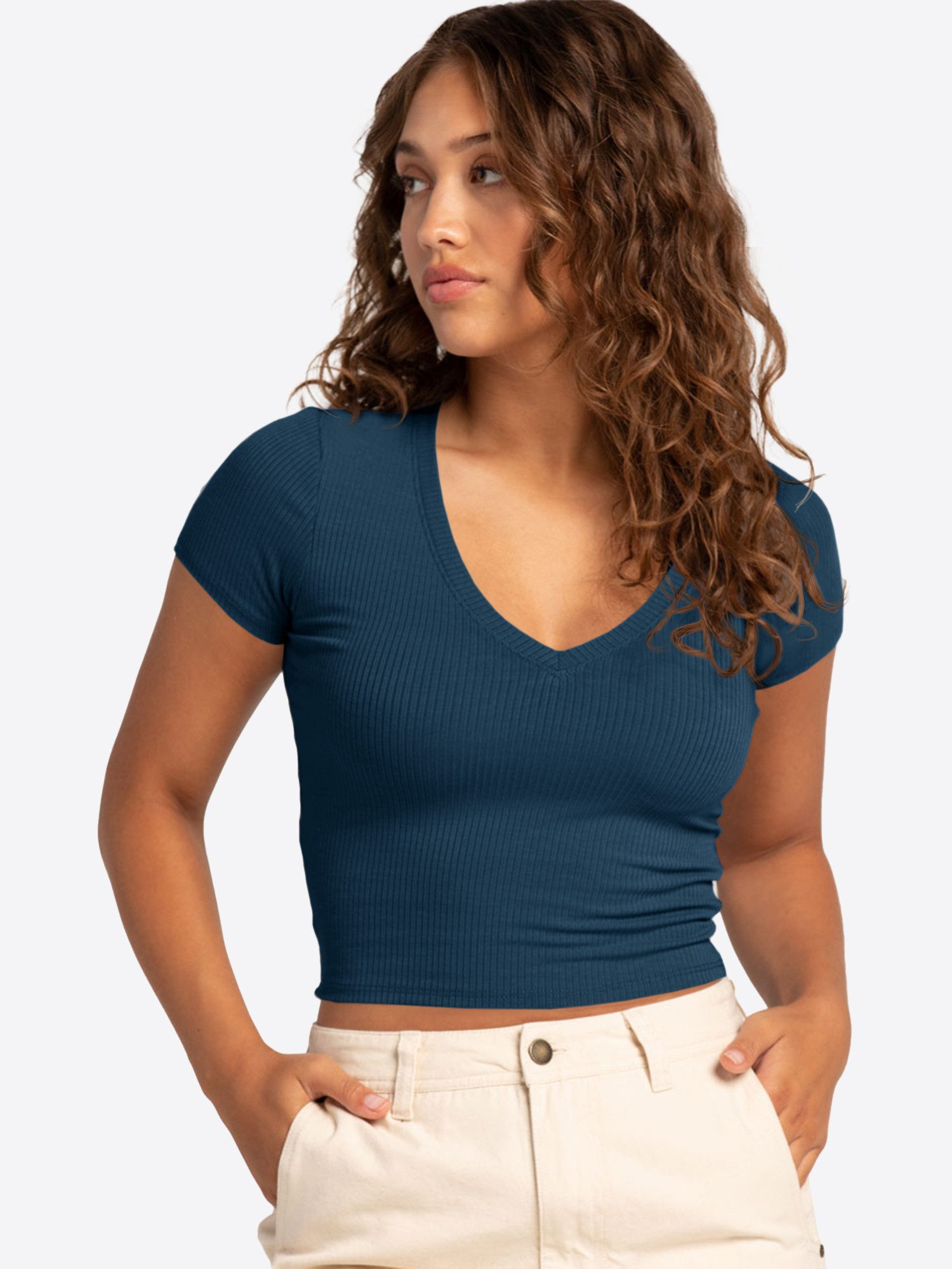 Imily Bela T-Shirt Damen Cropped mit V-Ausschnitt Geripptes Oberteil (Packung, 1-tlg., 1per-Pack) in Unifarbe