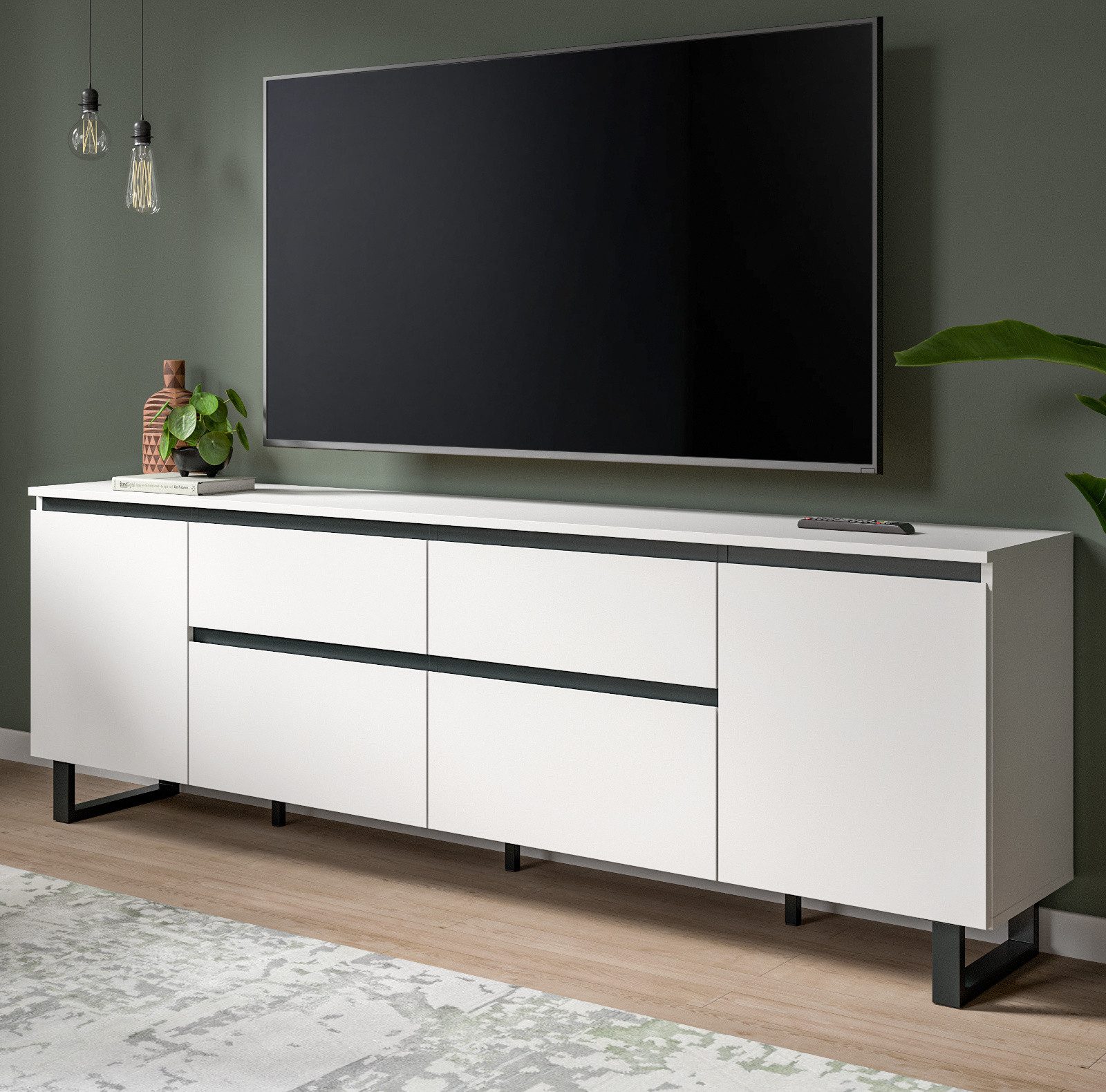 Inn.Furn Lowboard Gelia (XL TV Unterschrank in Weiß matt mit Schwarz, 188 x 65 cm), mit Komforthöhe und Soft-Close-Funktion