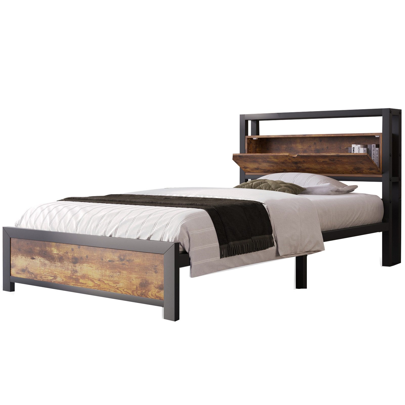 Rutaqian Jugendbett Metallbett Jugendbetten Doppelbett 90 /140 x 200 cm (mit Stauraum-Kopfteil und Metall Lattenrost), Kinderbett Bettgestell Bettrahmen Für Erwachsene, Kinder, Jugendliche