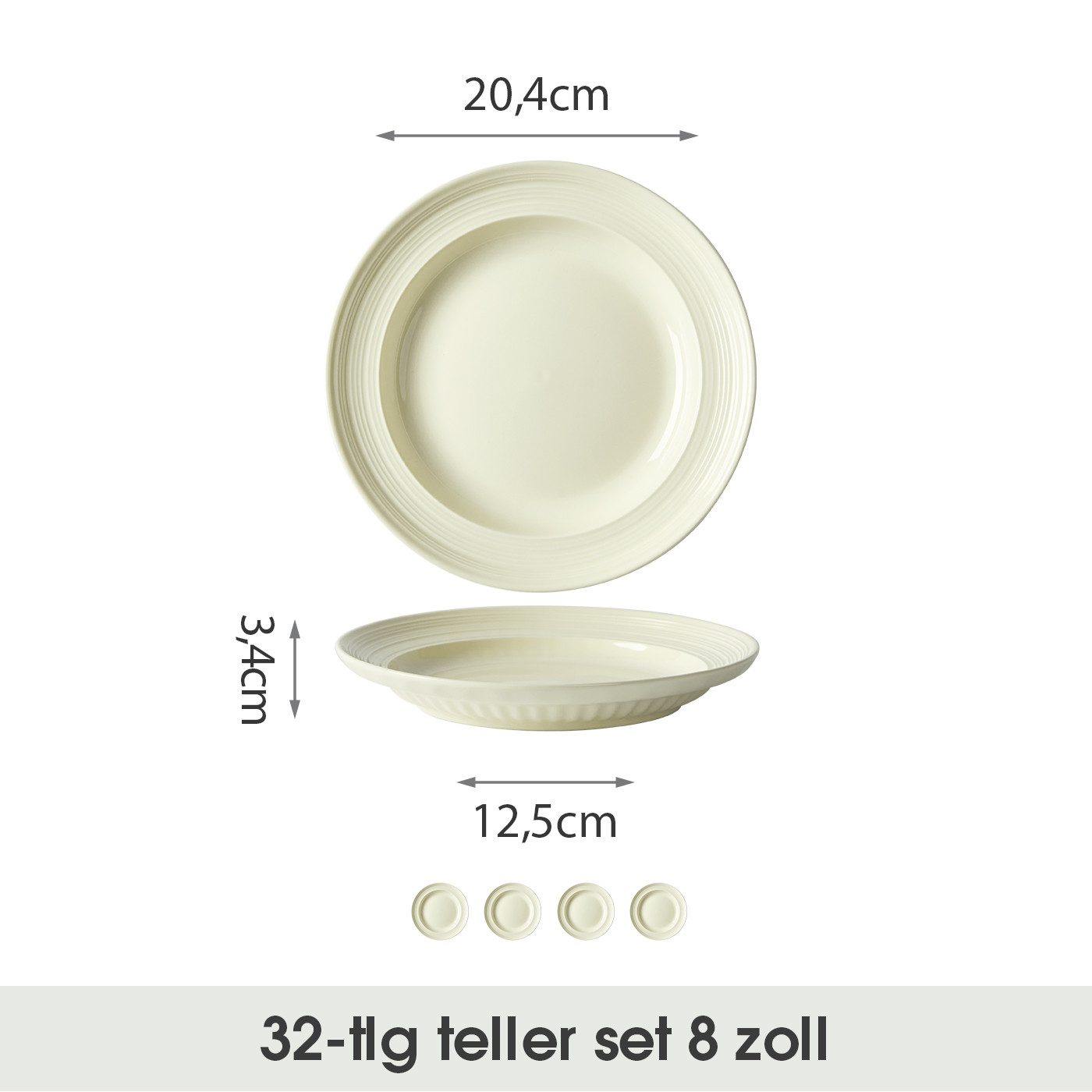 JIWOO Speiseteller 4er Ø20,4cm, Frühstücksteller Salatteller Pastateller Brotteller, (32 St), Plate Hochwertiges Tellerset Weiß Mikrowellenofen Spülmaschine