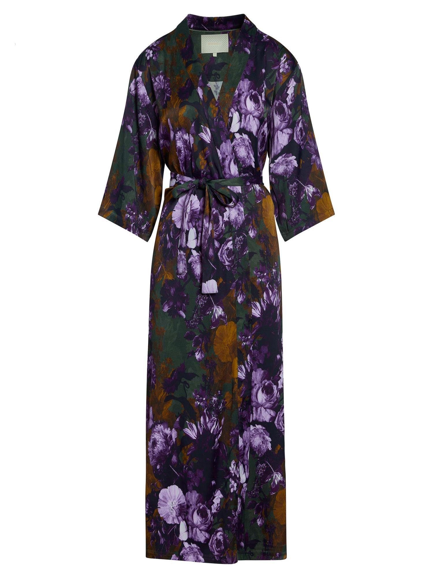 Essenza Kimono Jula Leila, Langform, Viskose, Kimono-Kragen, Gürtel, mit Blumenprint Forest Green