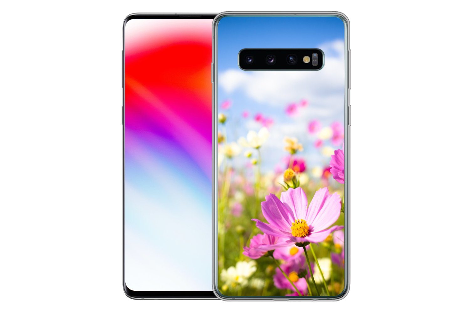 MuchoWow Handyhülle für Samsung Galaxy S10 Blumen - Wiese - Lila - Gras - Weiß - Wolken -, Phone Case, Silikon, Schutzhülle Dünn