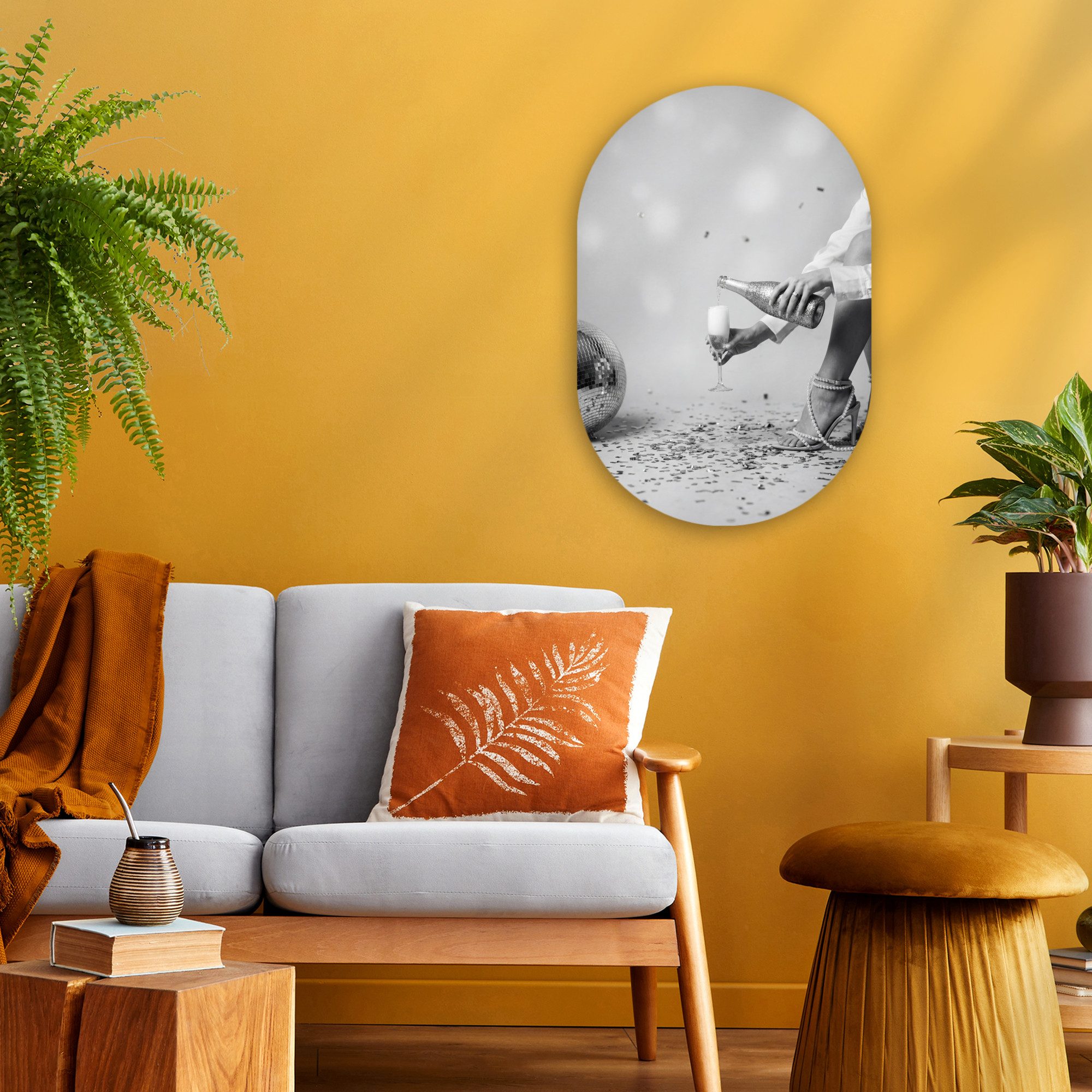 MuchoWow Gemälde Festlich - Champagner - Discokugel, Fotodruck (1 St), Wandbild Oval, Wohnzimmer oder Schlafzimmer Wanddekoration, 40x60 cm