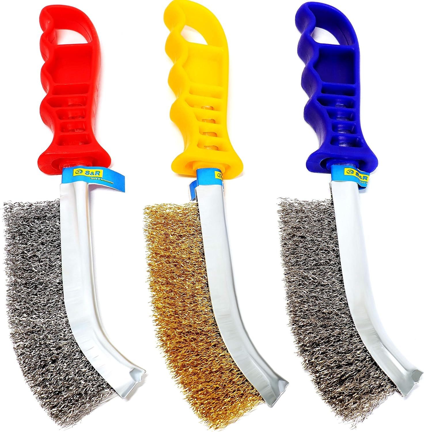 S&R Reinigungsbürsten-Set Handdrahtbürste-Set, Drahtbürste 125mm Bürste, Entgraten, Entrosten, (Set, 3-tlg., 3-teilig mit Edelstahlbürste, Messingbürste und Stahlbürste), Schweißnahtreinigung, Bearbeitung von Metallen, Holz