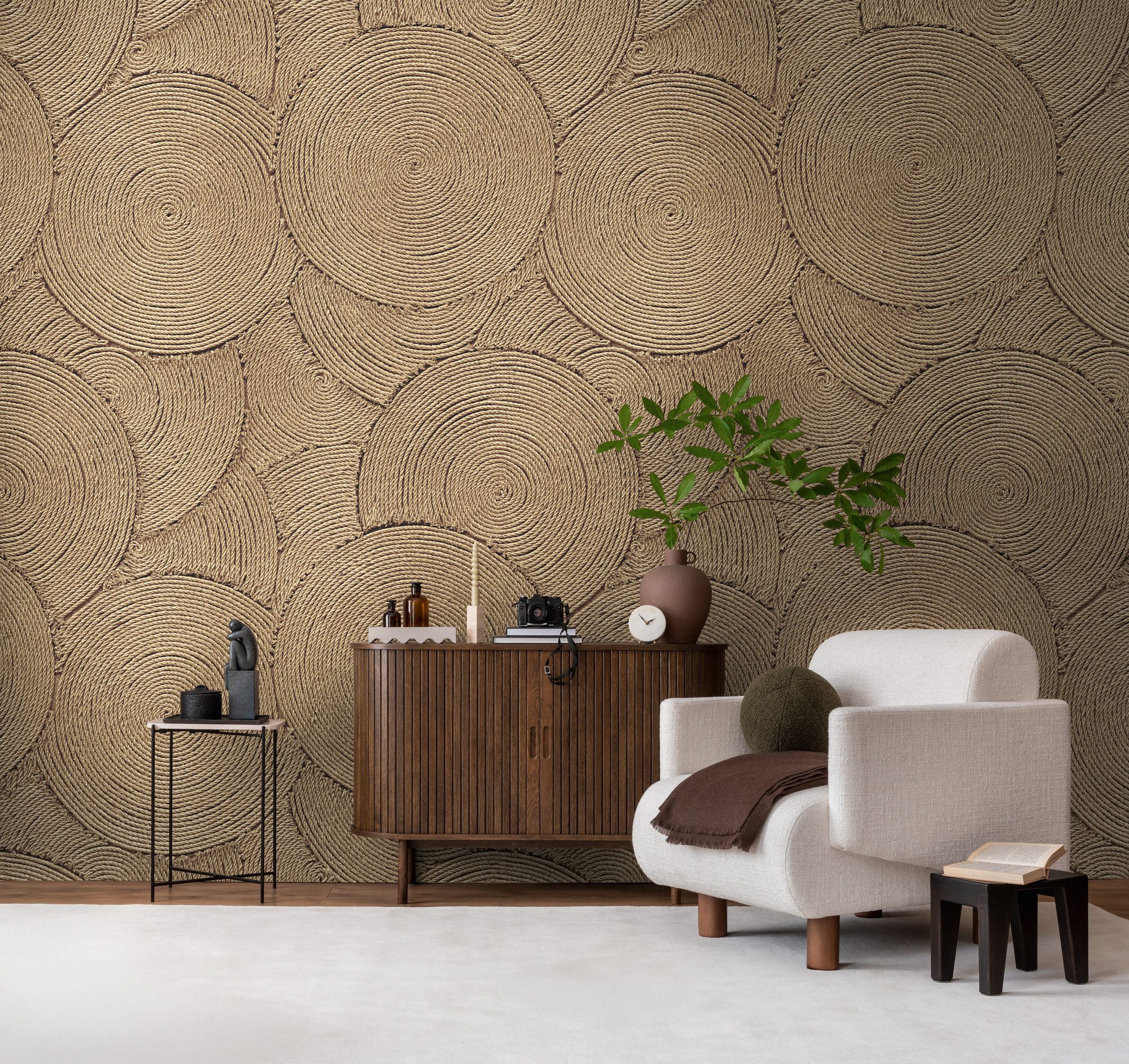 living walls Vliestapete Vibes & Styles Ropana – Woven Circles Fototapete, leicht strukturiert, Kunst, (1 St), Kreisstruktur in 3D-Optik mit natürlicher, moderner Ausstrahlung
