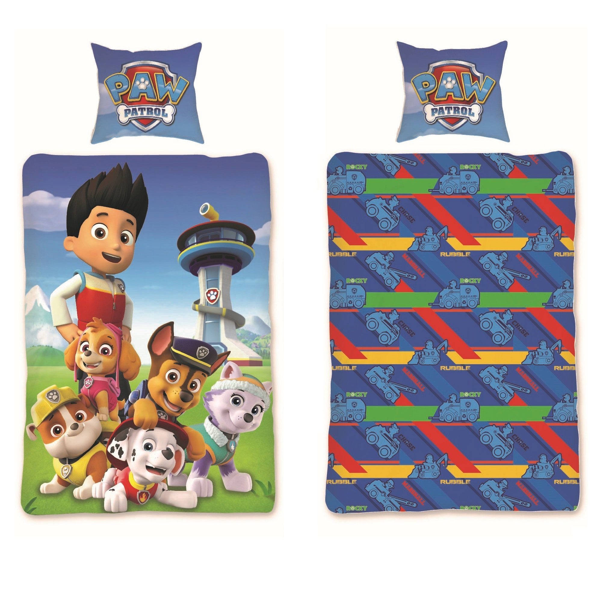 Kinderbettwäsche Paw Patrol "Ryder & Mighty Pups" 135x200 + 80x80 cm aus 100% Baumwolle, Familando, Renforcé, 2 teilig, mit Ryder, Skye, Chase, Marshall, Rubble & Everest