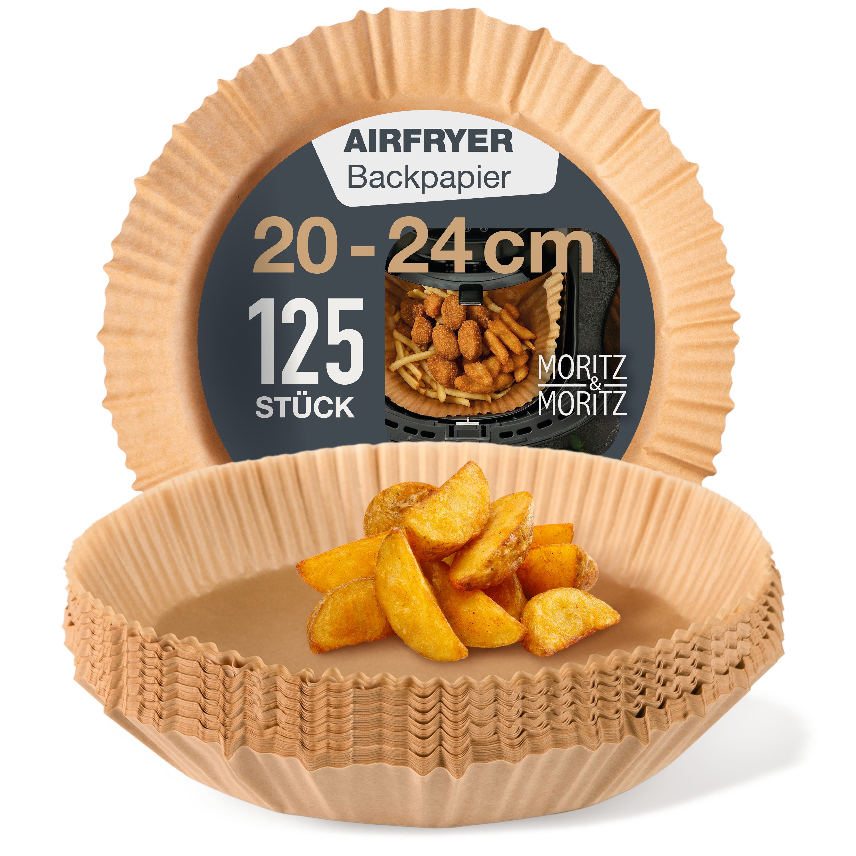 Moritz & Moritz Backpapier für Airfryer 125Stk. Backpapier Rund Ø 20 cm, 125Stk. für 5-8 L Heißluftfritteuse & Backofen