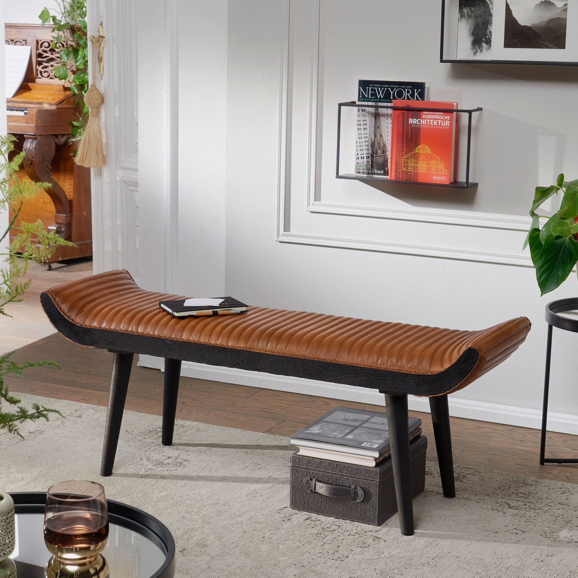 furnicato Bank Lederbank Vollholz 125x38x51 cm Braun (1-St), Echtleder-Sitzbank mit Rillen-Muster und Noppen für deinen Flur
