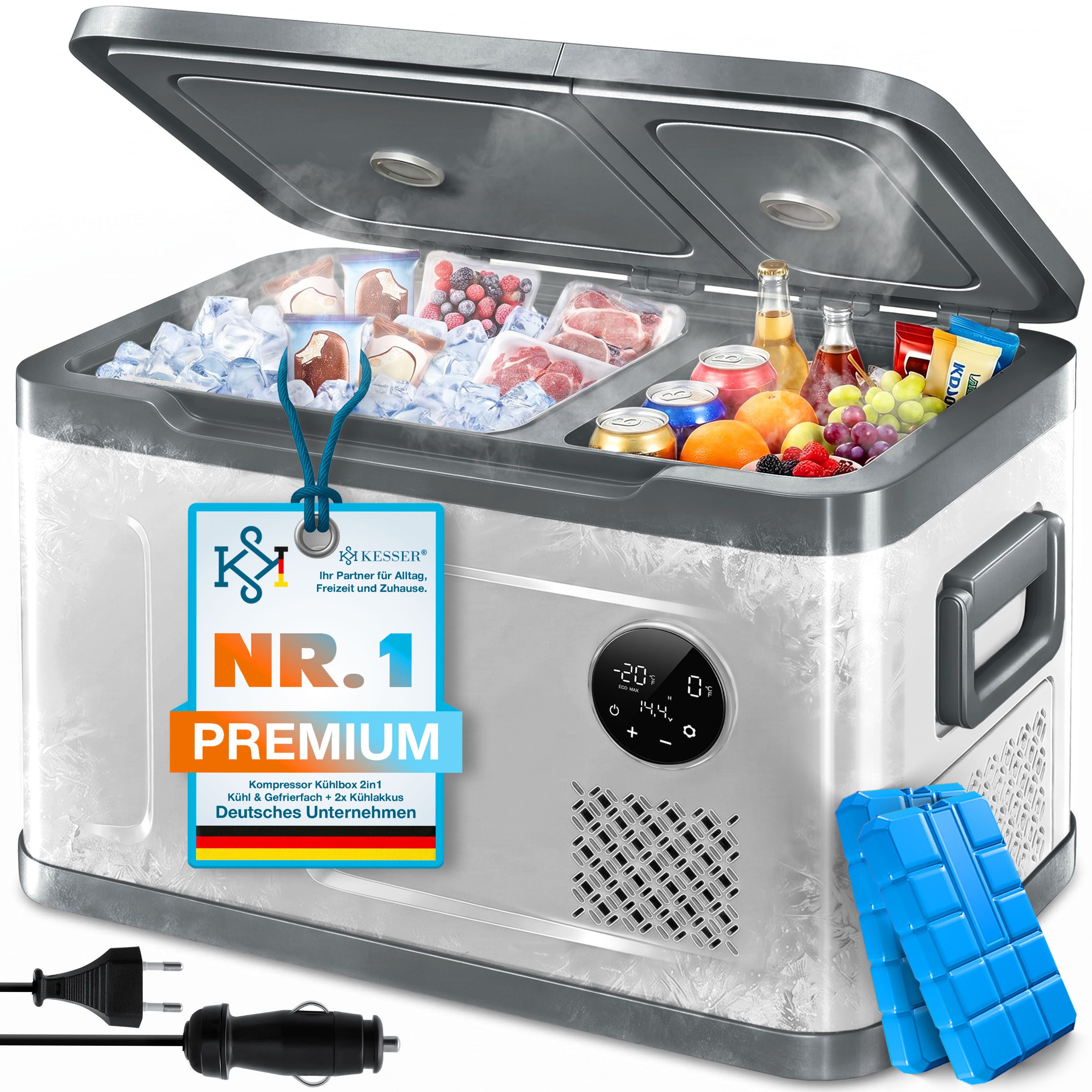KESSER Kühlbox Kompressor 2in1 Doppelzone Kühl & Gefrierfach elektrische Gefrierbox, 40 l, mit 2x Kühlakkus & LED-Touch-Bedienung Kühlschrank bis -20 °C