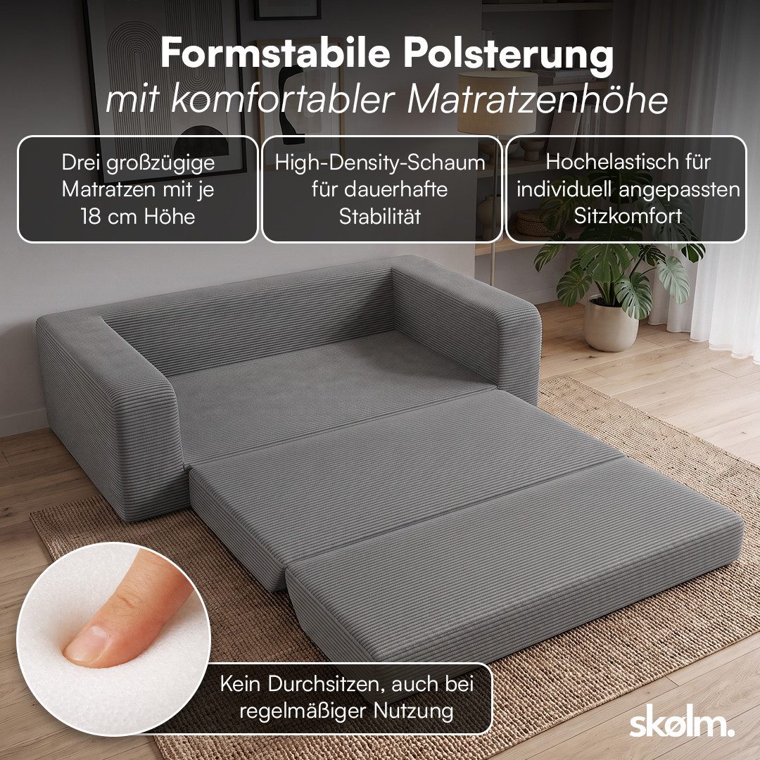 skølm Schlafsofa Laga aus Cord, Sofa 2 Sitzer mit Armlehnen, als Gästebett nutzbar, Dunkelgrau, ausklappbare Schlafcouch 186x135 cm, vakuumiert – ohne Aufbau – Bild 3 von 5