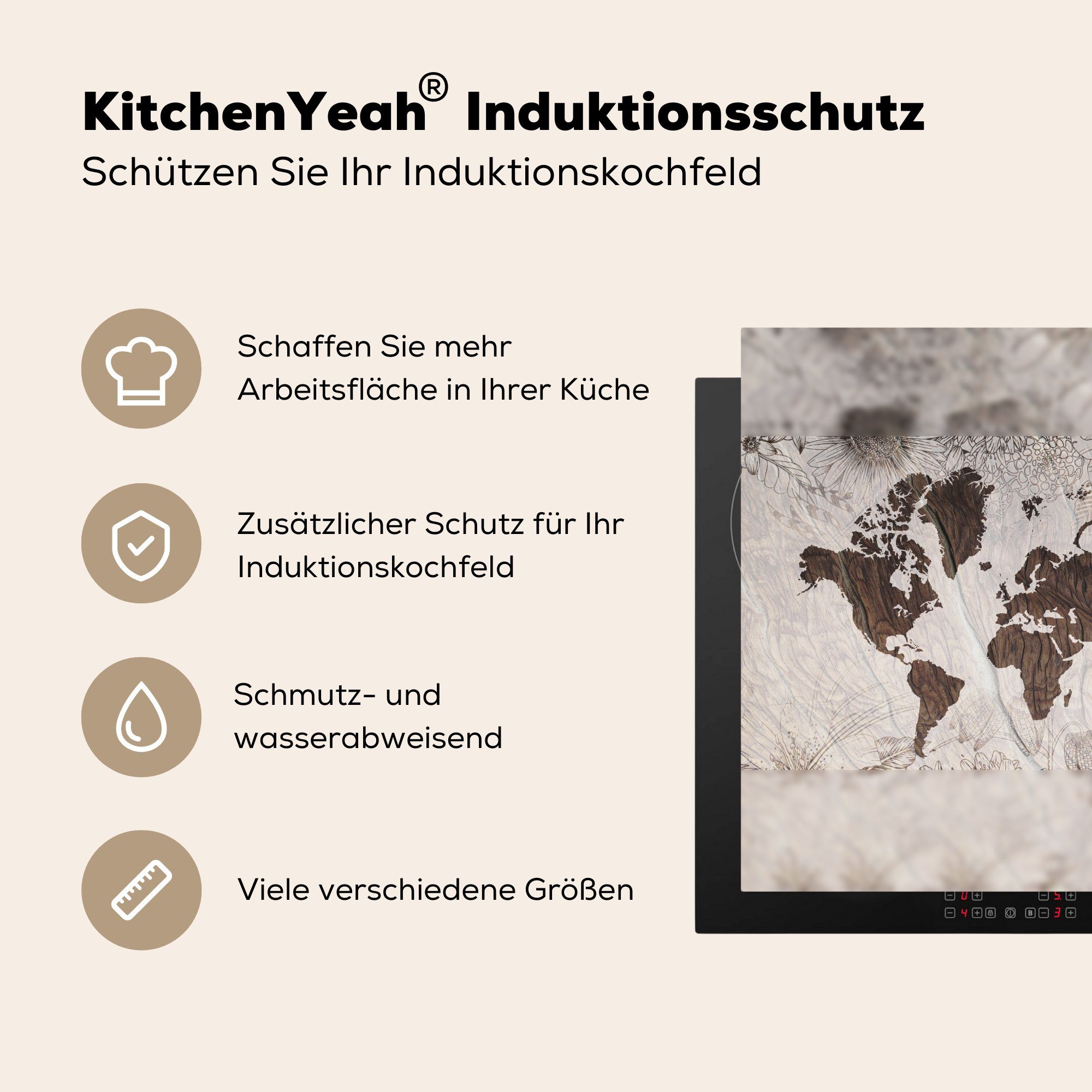 cm, Herdblende-/Abdeckplatte küche (1 Vinyl, - Weltkarte Ceranfeldabdeckung, Blume, tlg), MuchoWow für 78x78 Arbeitsplatte Braun -
