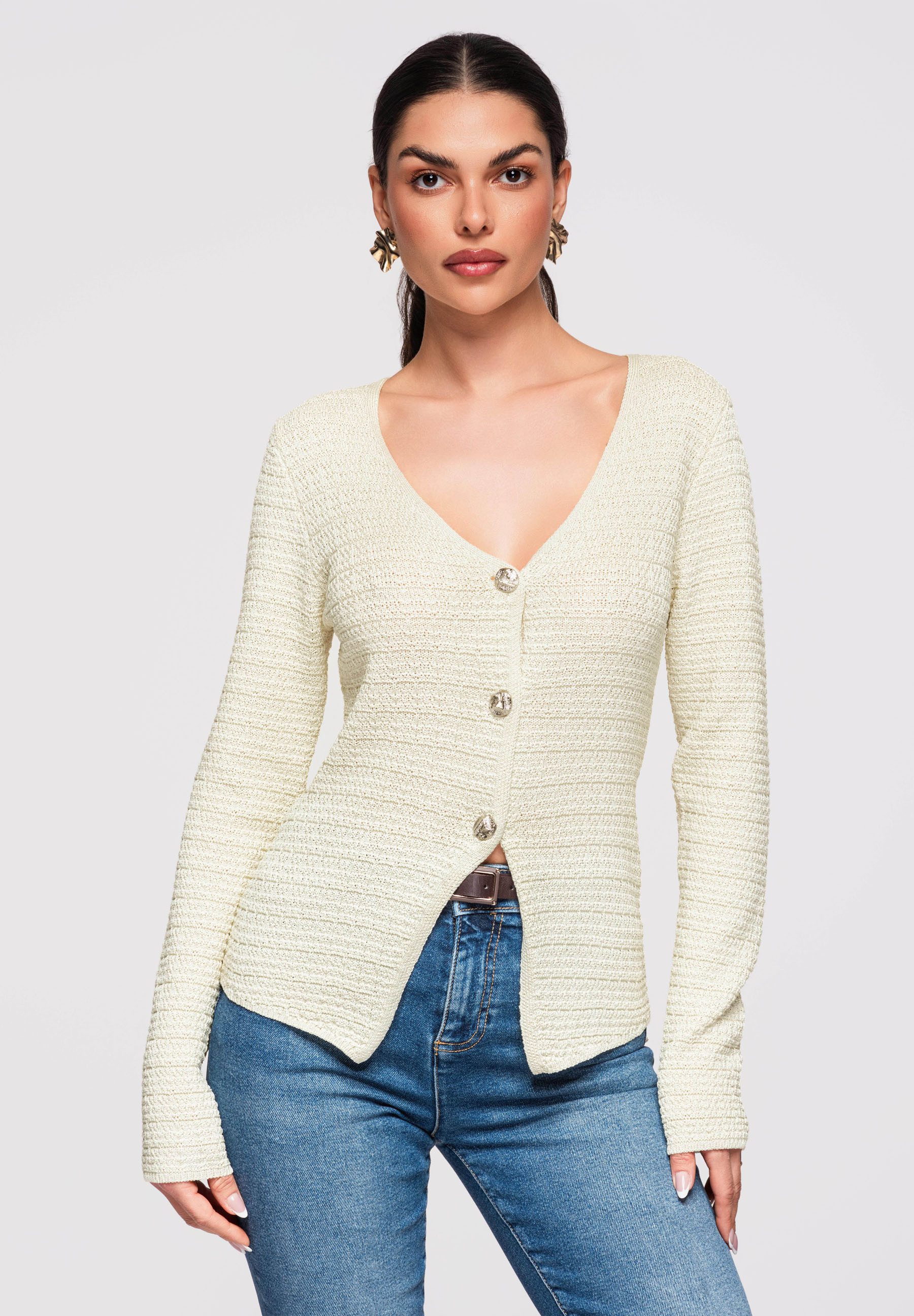 OMBRE V-Ausschnitt-Pullover Damen Strickjacke Figurbetont V-Ausschnitt Elegant Gelb S/M (kein Set, 1-tlg) Figurbetonter Schnitt, modellierende Passform